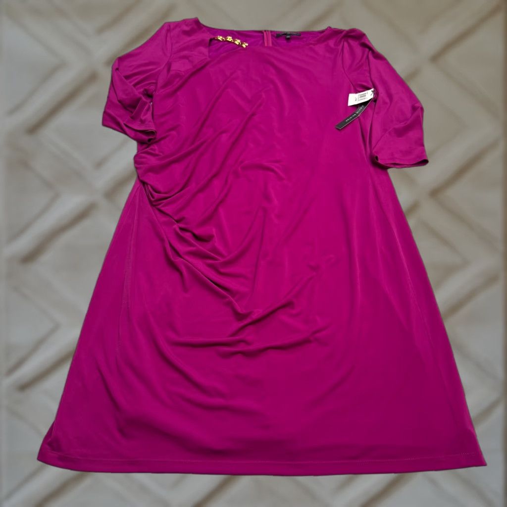 Vintage David Meister Dress Women Plus 20W Ruched Sheath Magenta Pink W/ Gold Chain NWT Size 3XL / US 20-22 - 1 Thumbnail