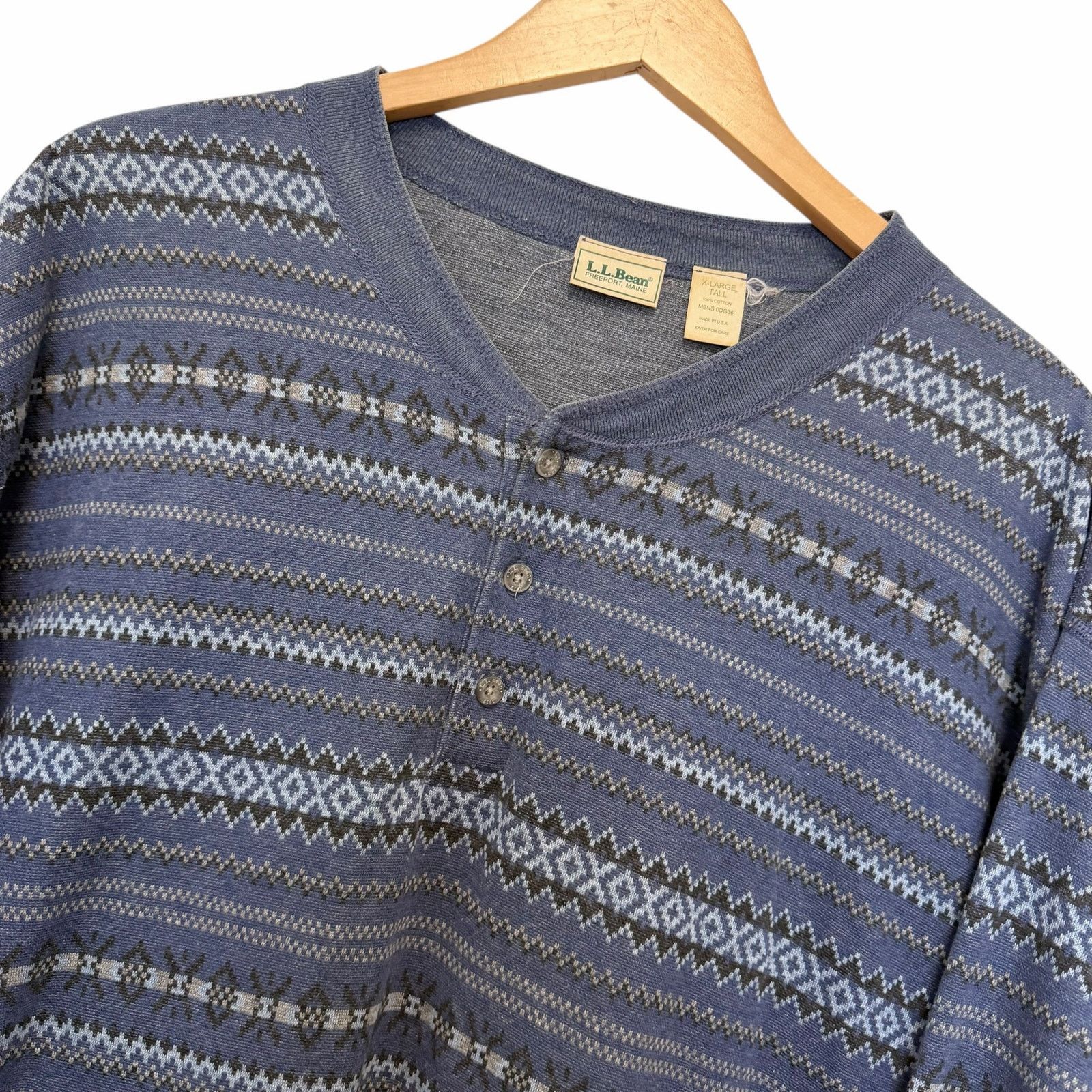 Vintage LL Bean Blue Cotton Fair Isle Henley Shirt Sz XLT