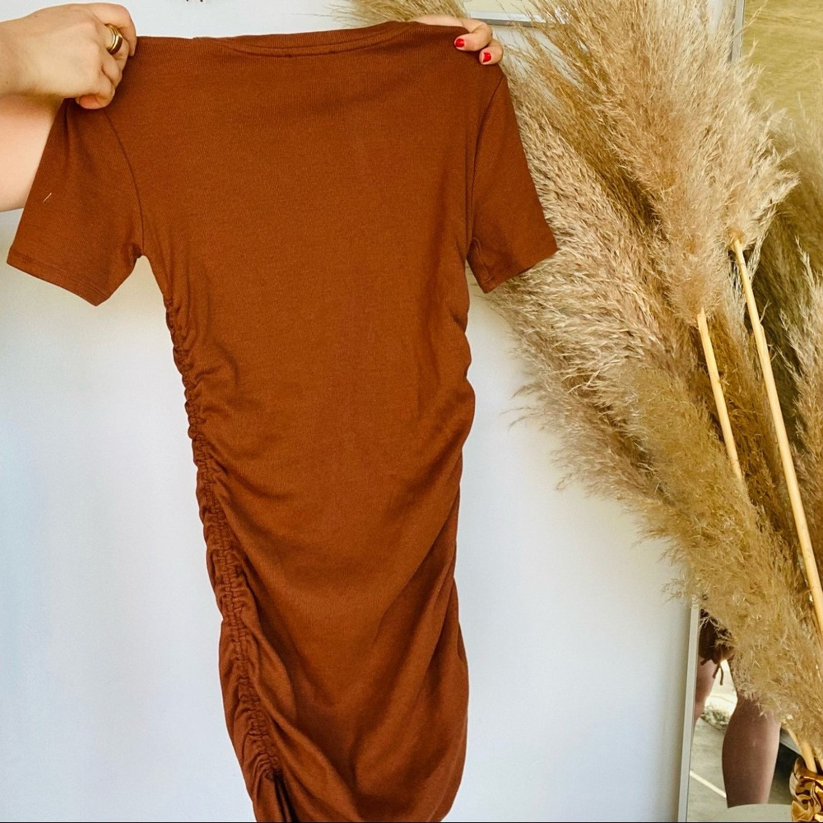Zara ZARA Ruched Short Ribbed Tee Shirt Tie Mini Dress Rust Brown Size L / US 10 / IT 46 - 7 Thumbnail