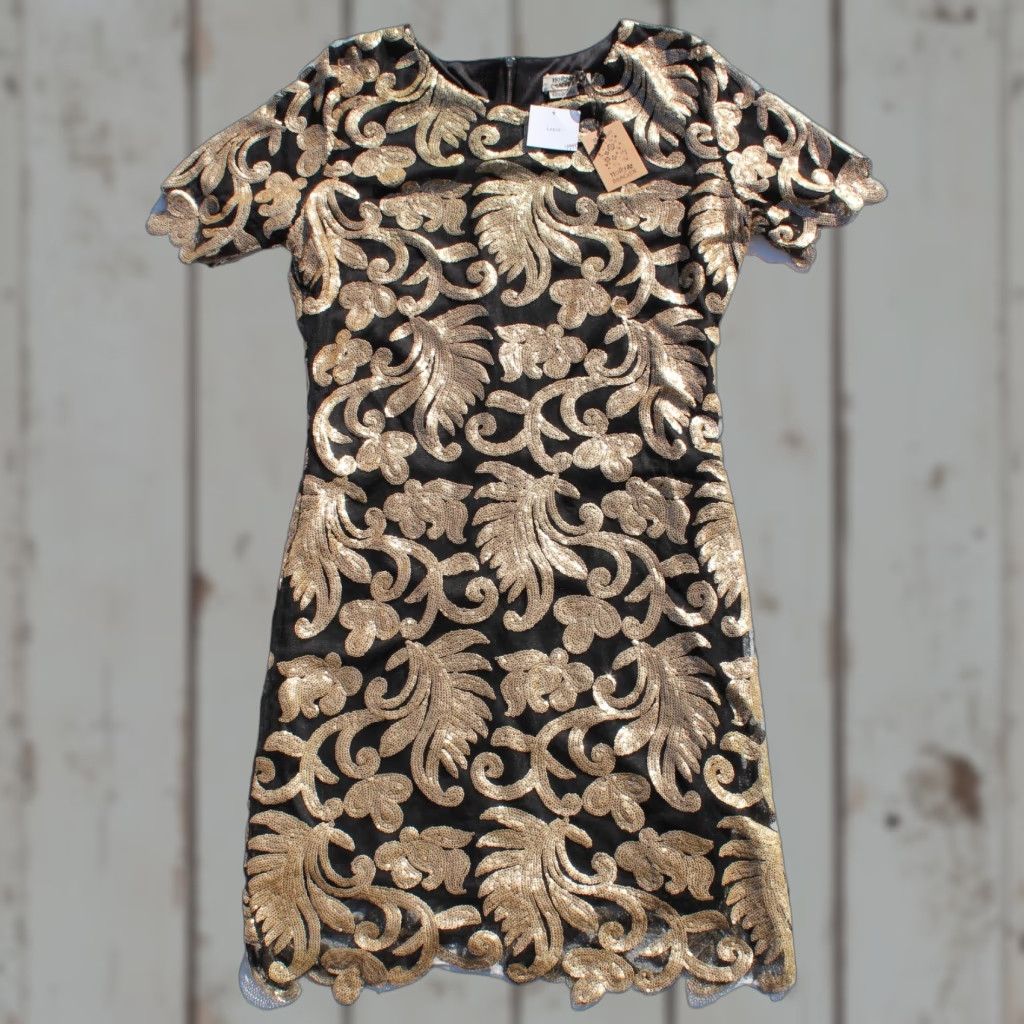 Holly Bracken Womens Cocktail Dress L Black Gold Sequin Zip Back New