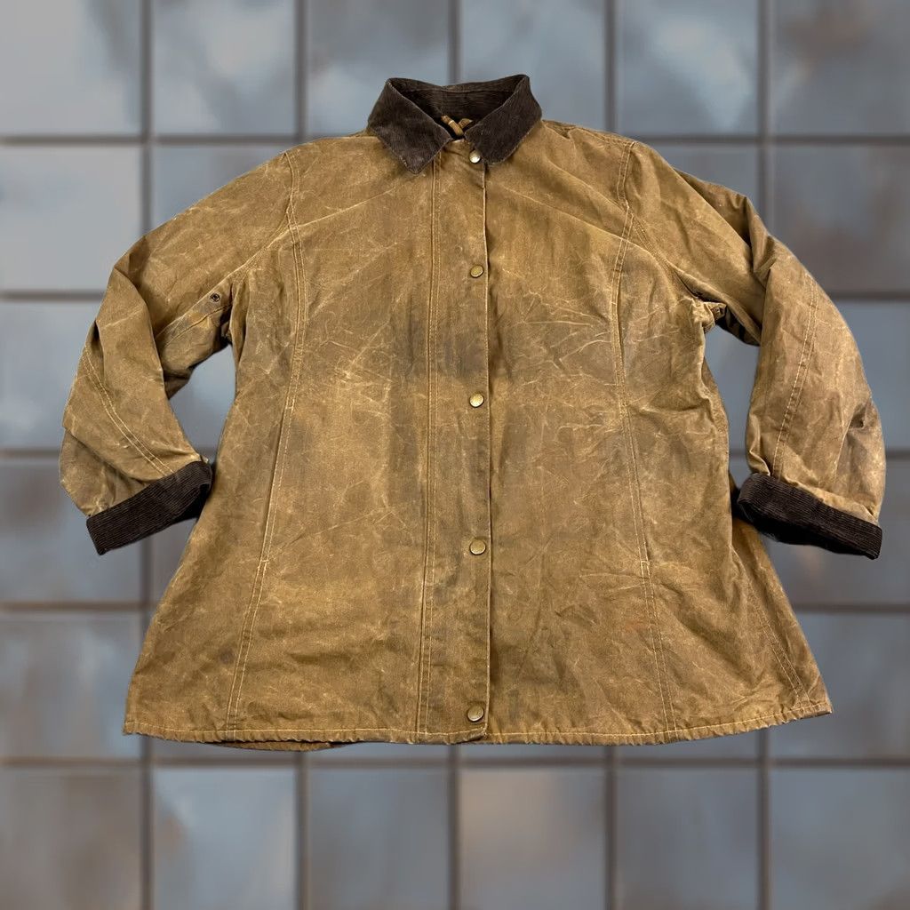 Barbour VTG Barbour L1905 Short Newmarket Wax Jacket UK 16 Tan Made in England Womens Size 38" / US 16 / IT 52 - 1 Thumbnail