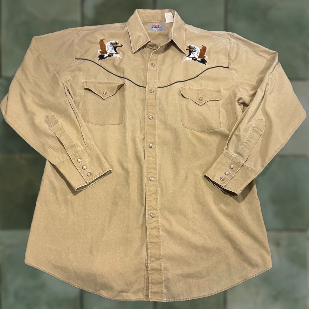 Vintage VINTAGE Ely Diamond Western Shirt Men L Pearl Snap American Bald Eagle Khaki Embroidered Size US L / EU 52-54 / 3 - 1 Thumbnail