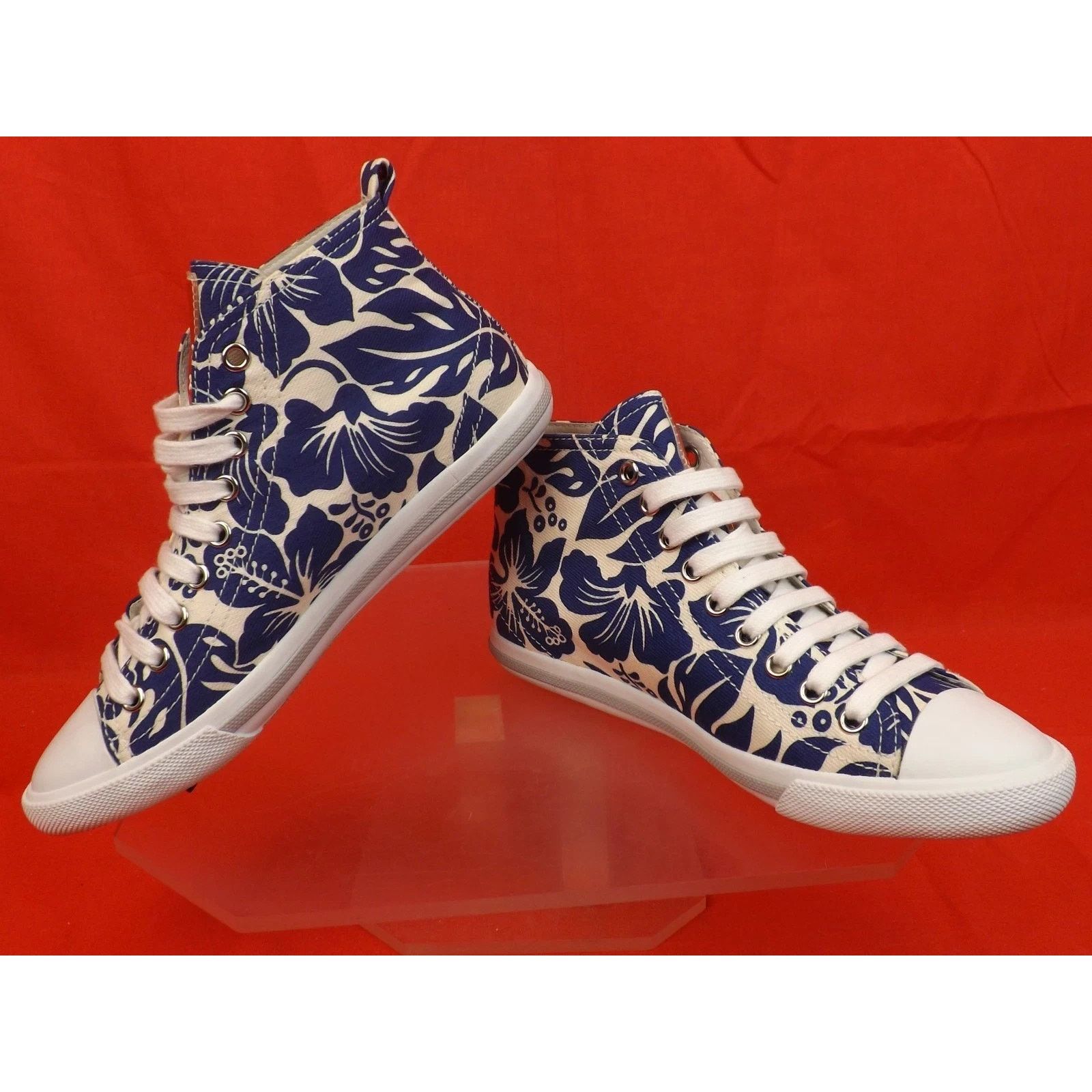 Prada PRADA 3T573 BLUE FLORAL DENIM LEATHER HIGH TOP SNEAKERS 35.5 Size US 5.5 / IT 35.5 - 6 Thumbnail