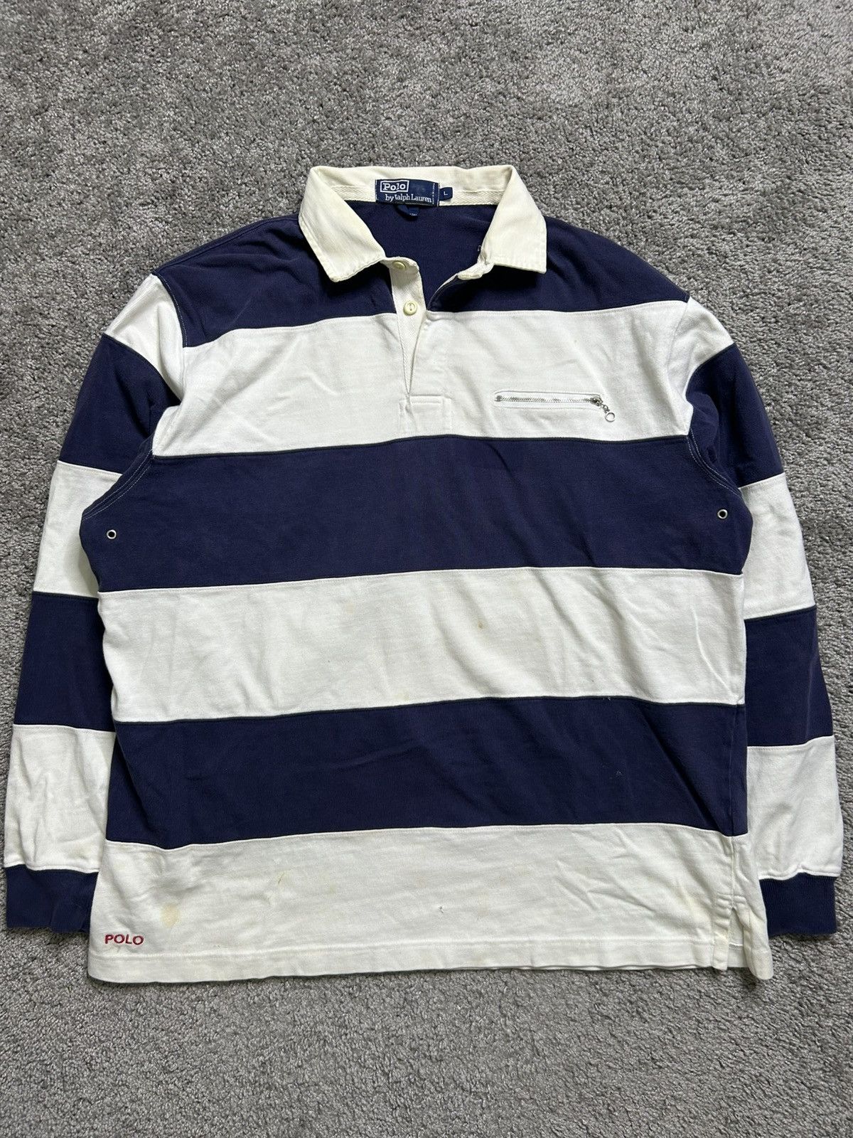 Polo Ralph Lauren Vintage 80s Polo Ralph Lauren Rugby Long Sleeve Striped Navy Size US L / EU 52-54 / 3 - 1 Thumbnail