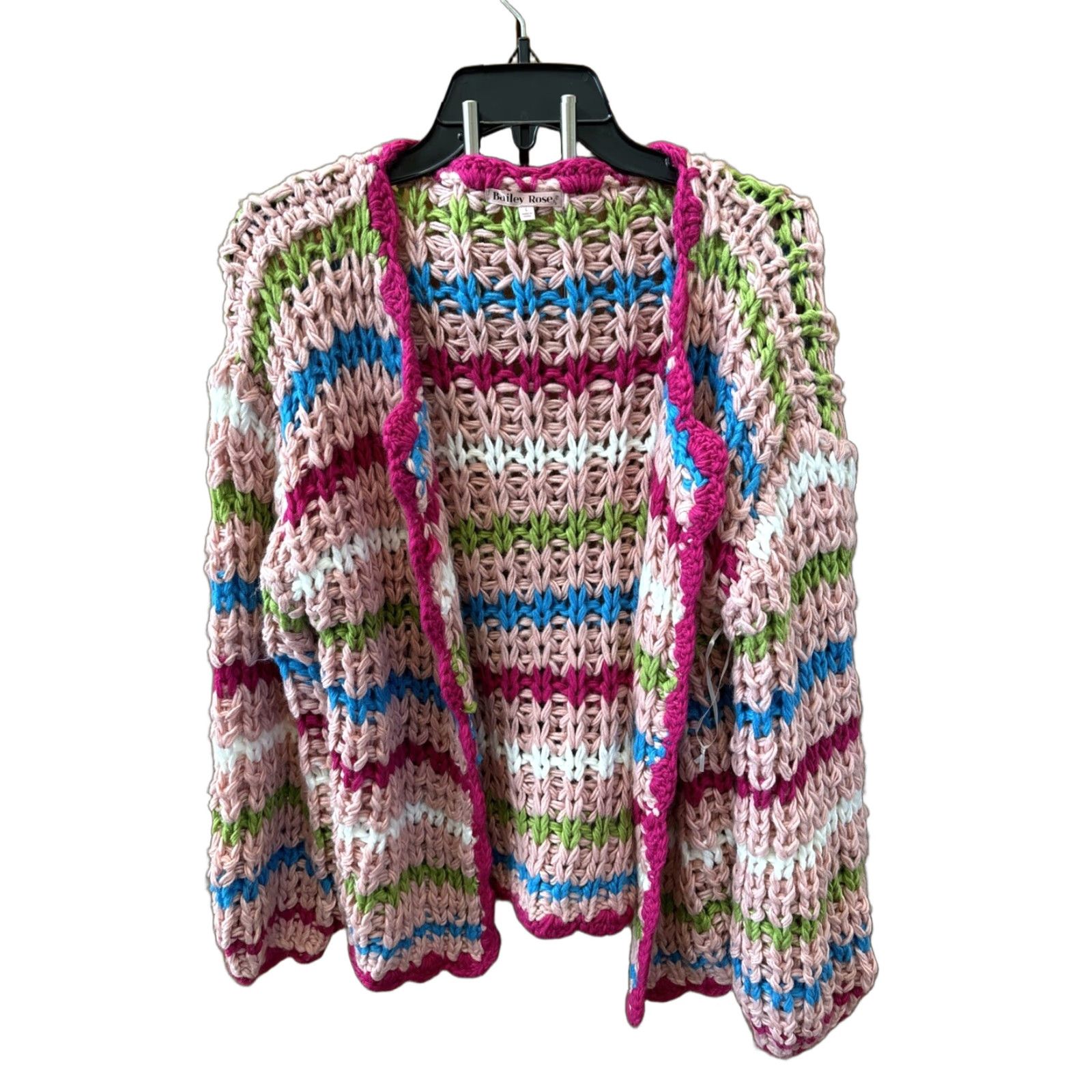 Vintage **Women Pink Chunky Knit Cardigan Bailey Rose Large Open Front Striped** User: Women Pink Chunky Knit Cardigan Bailey Rose Large Open Front Striped Size L / US 10 / IT 46 - 1 Thumbnail