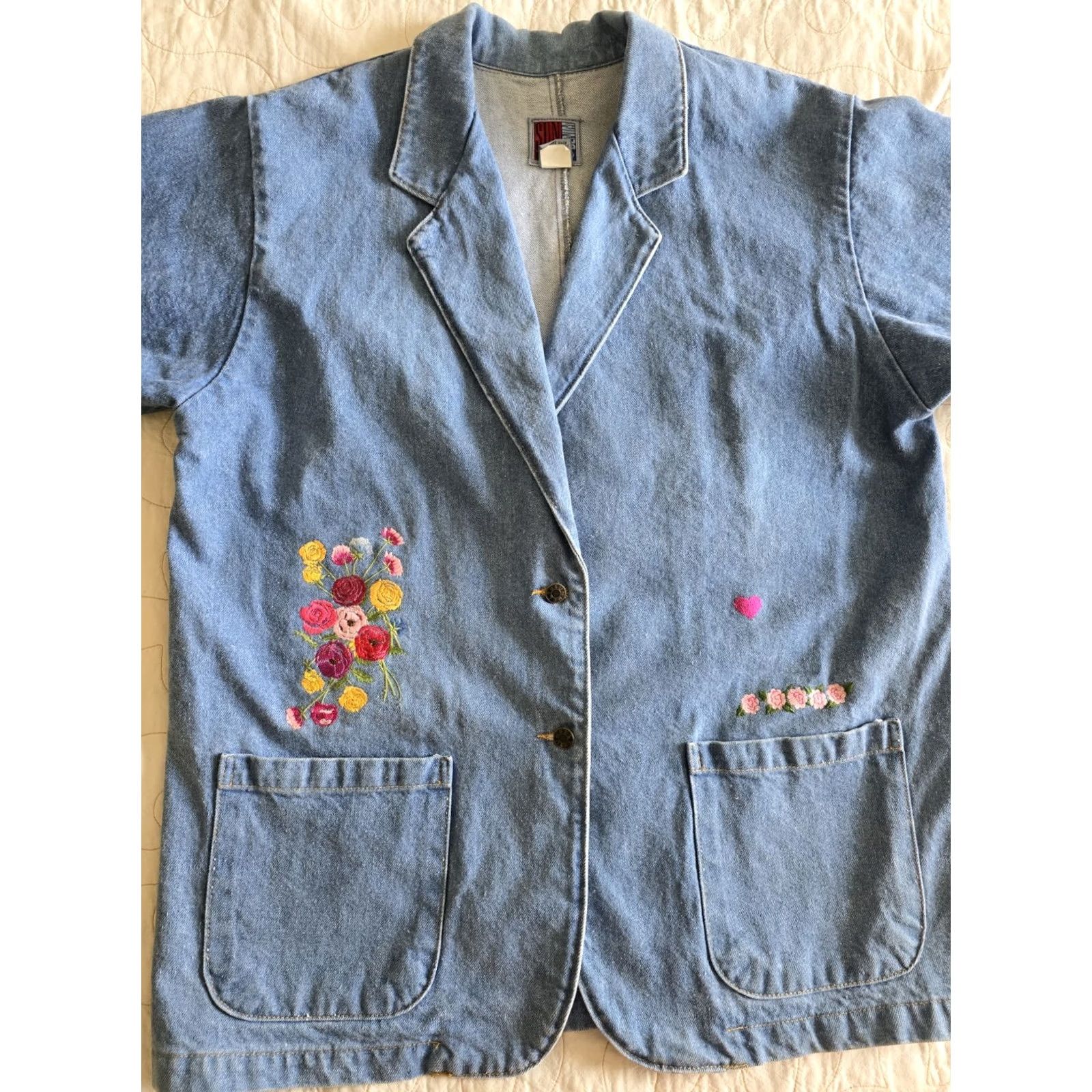 Vintage VINTAGE Sun Belt Denim Jean Jacket Womens Large 80s 90s Floral Heart Embroidered Blue Cotton Demin Size 36" / US 14 / IT 50 - 2 Thumbnail