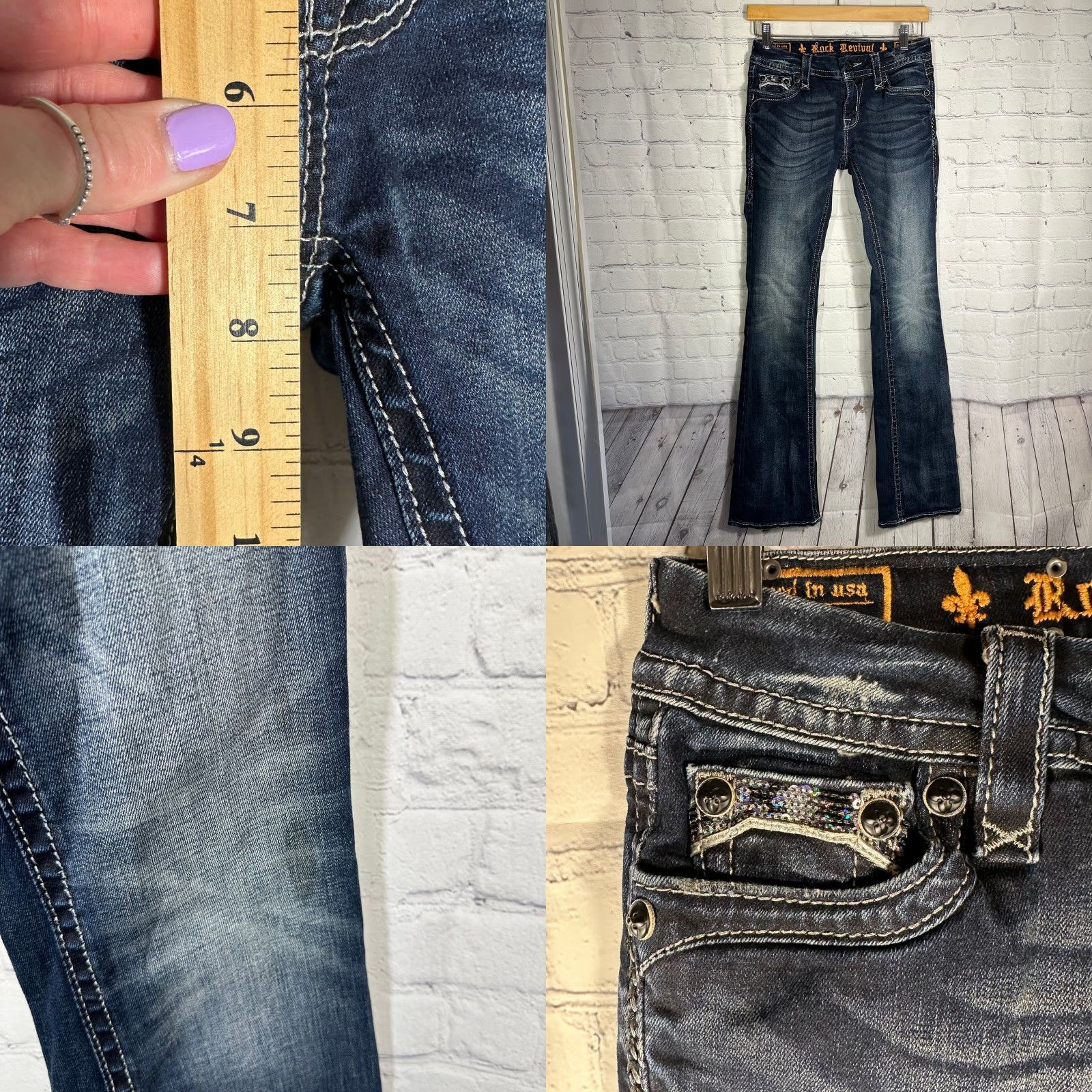 Vintage Rock Revival Jeans Womens 26 Dark Wash Bootcut 5-Pocket Sequin Fleur De Lis Embroidered Distressed Leather Logo Rock Western Bohemian 90s Mens? Size 26" / US 2 / IT 38 - 8 Thumbnail