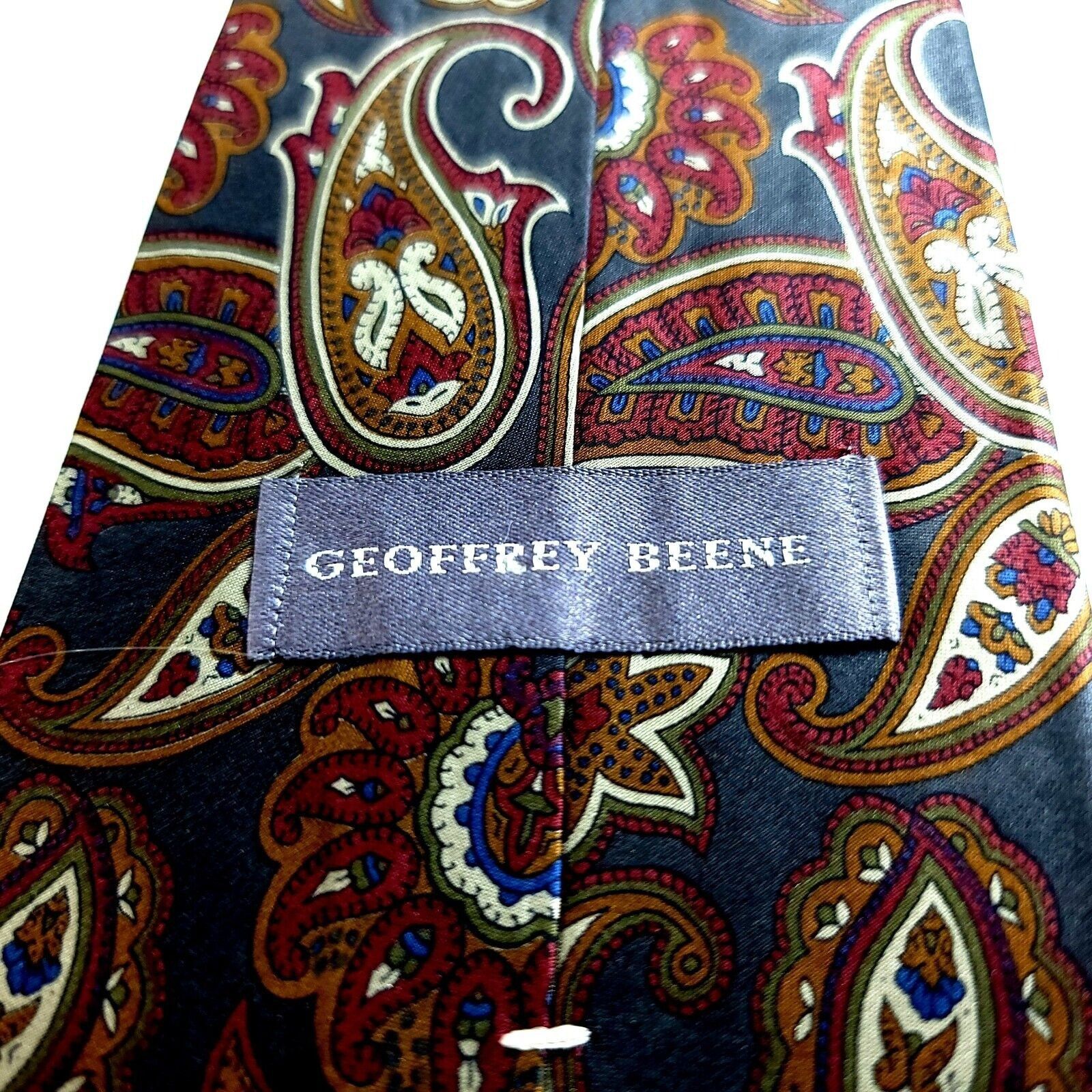 Designer Geoffrey Beene Gray Red Orange Paisley Print Wide Silk Tie Size ONE SIZE - 3 Thumbnail