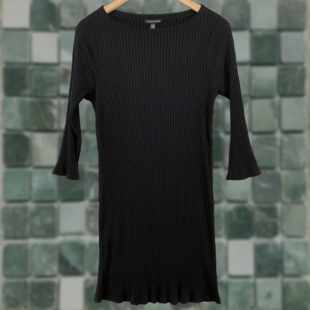 EILEEN FISHER Dress S Black Jersey Tencel Stretch Ribbed Bodycon 3/4 Sleeve  USA