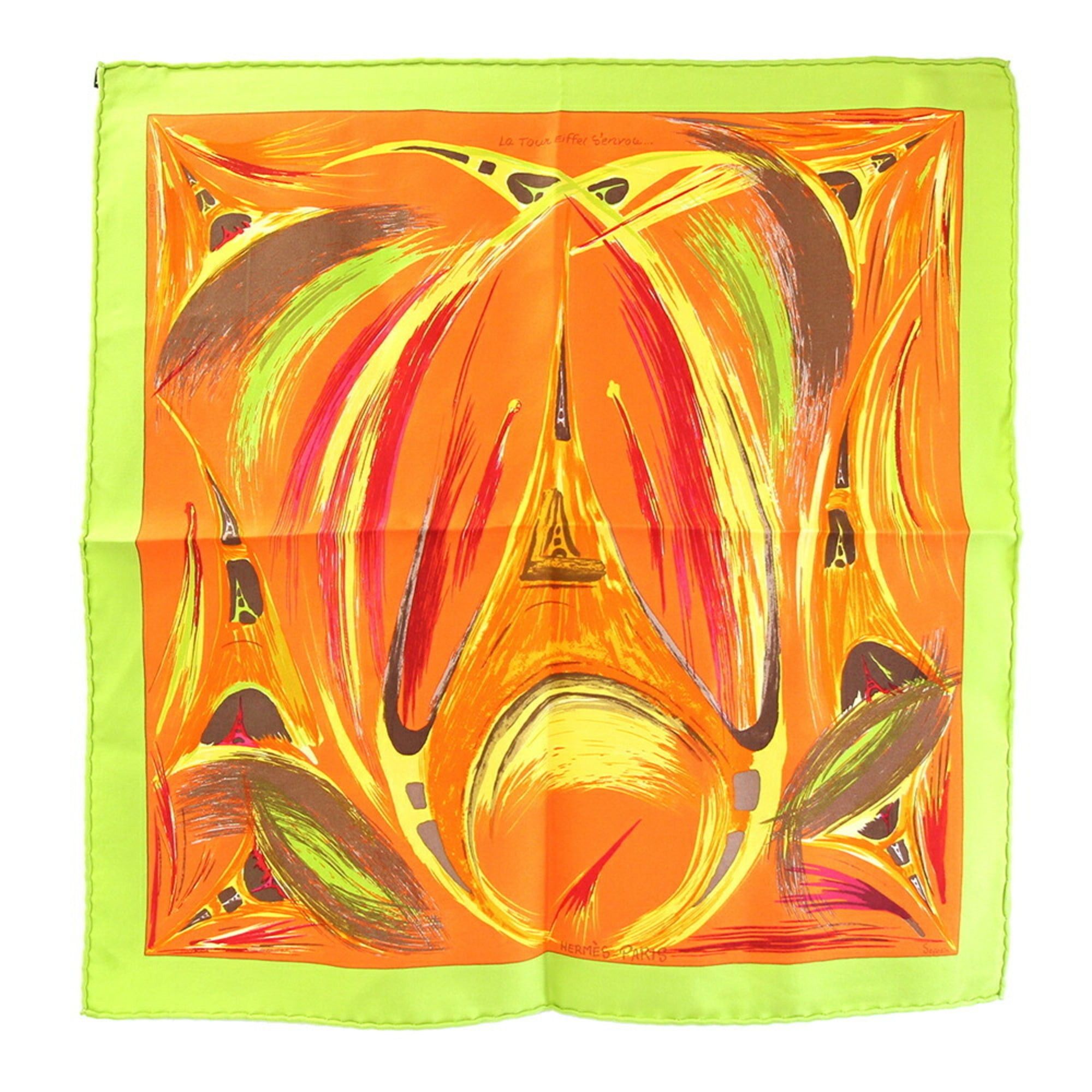 Hermes Hermes Scarf/Muffler, Carre 42, La Tour Eiffel S'envole (Eiffel Tower), Light Green/Orange, 100% Silk, Petit Carre/Mini Stole, Women's, HERMES Size ONE SIZE - 1 Thumbnail