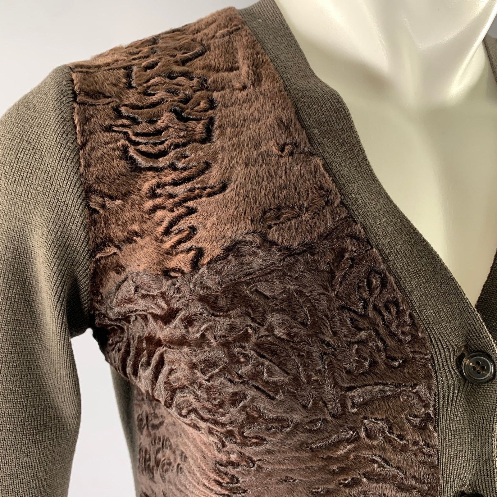 Prada PRADA Size S Brown Lamb Fur Ribbed Wool Cardigan Size US XXS / EU 40 - 2 Thumbnail