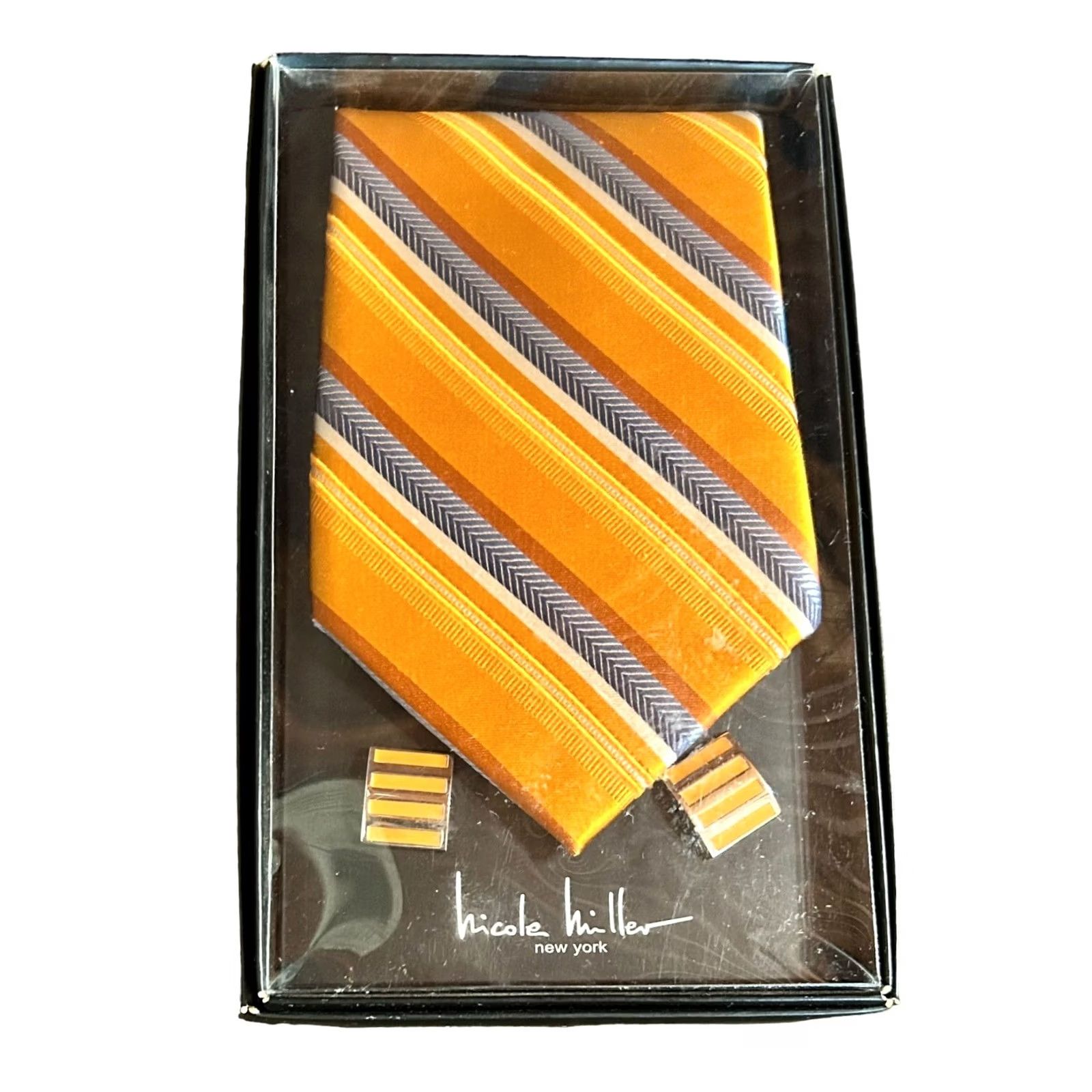 Nicole Miller Nicole Miller New York Men's Orange Striped Silk Tie & Matching Cuff Links NIB - Adjustable Clip Tie Set Size ONE SIZE - 2 Thumbnail