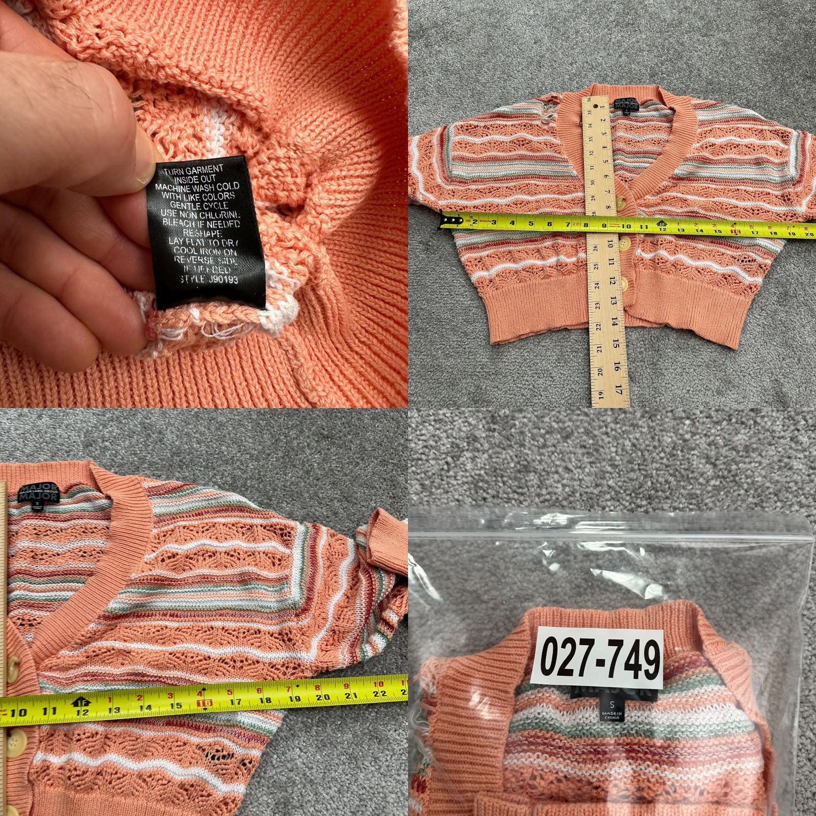 Vintage Major Label Group Cardigan Women S Orange Striped Crochet Cotton Spandex Open-Knit Button Logo Breathable Lightweight Casual Womens Size S / US 4 / IT 40 - 8 Thumbnail