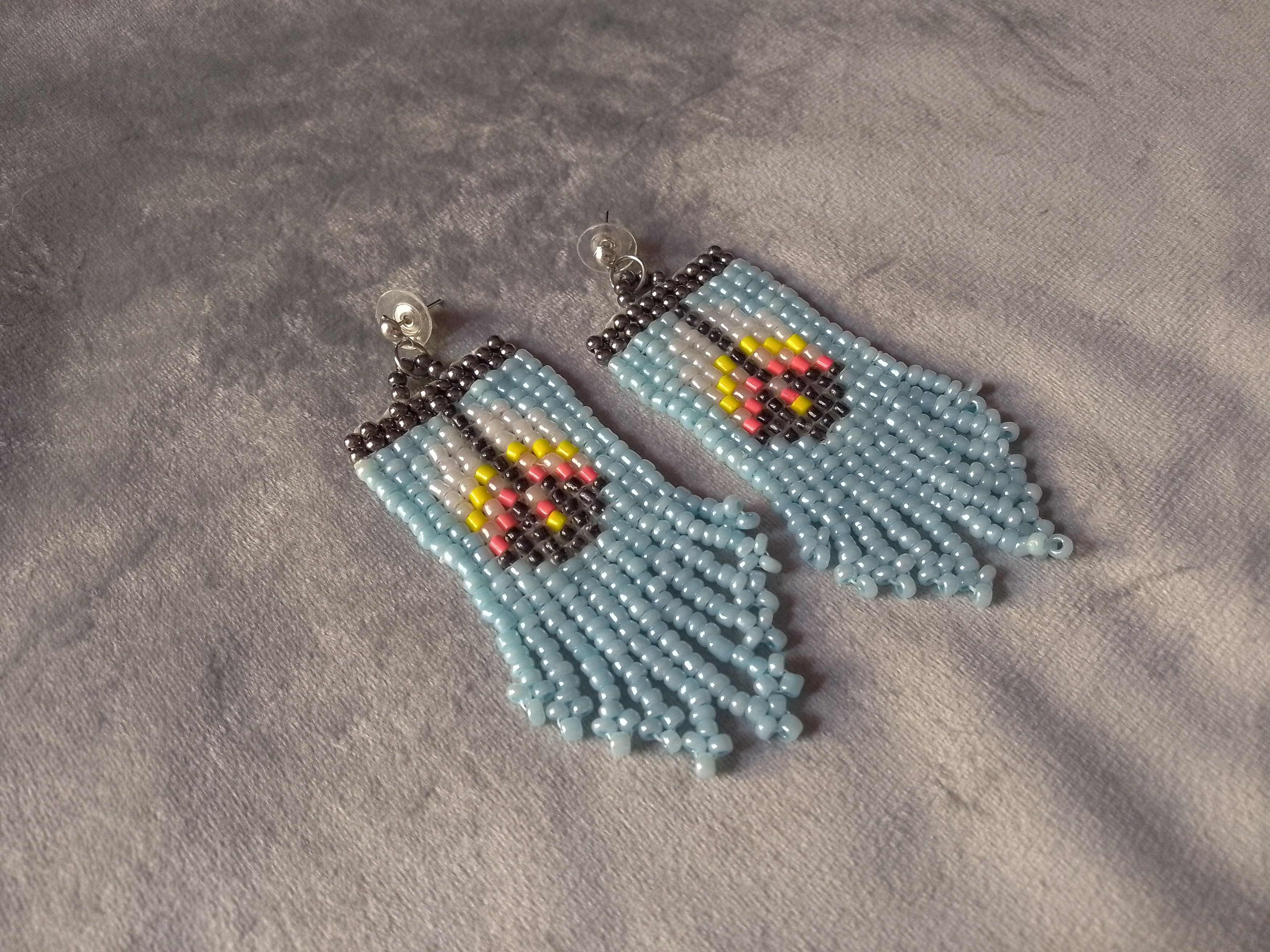Handmade Earrings Blue Fringe Ethnic Native Americans Pattern Size ONE SIZE - 4 Thumbnail