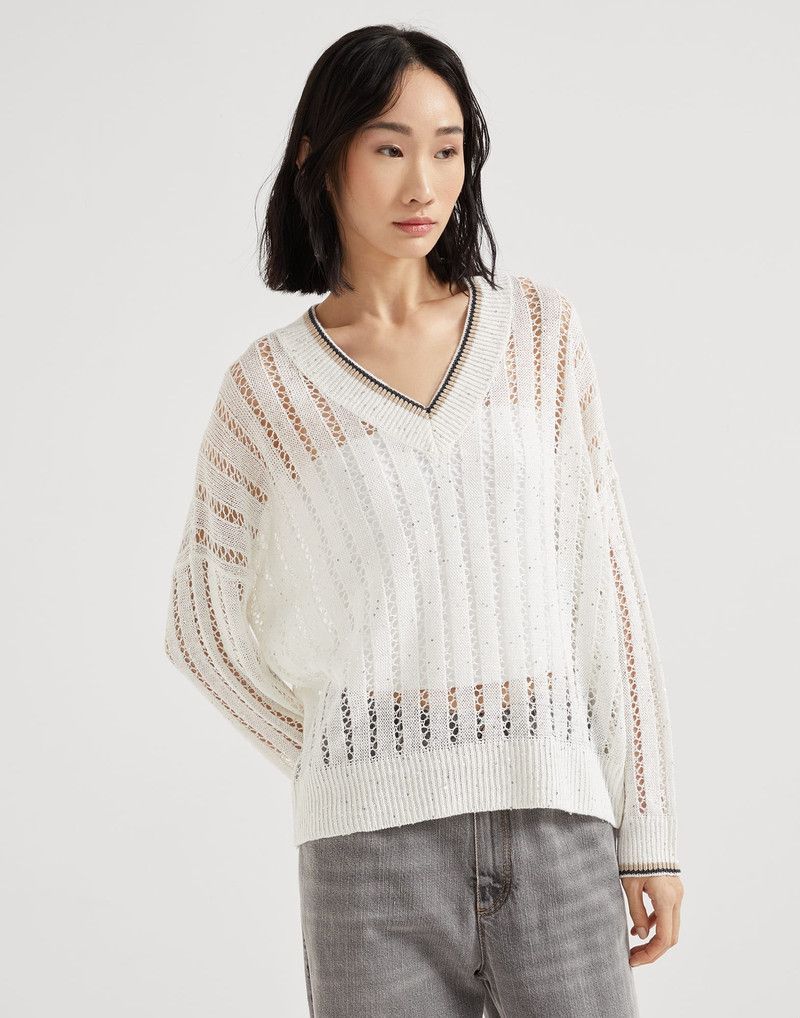 o1la1rc1a0326 Linen Dazzling Ribbed Net Sweater in White