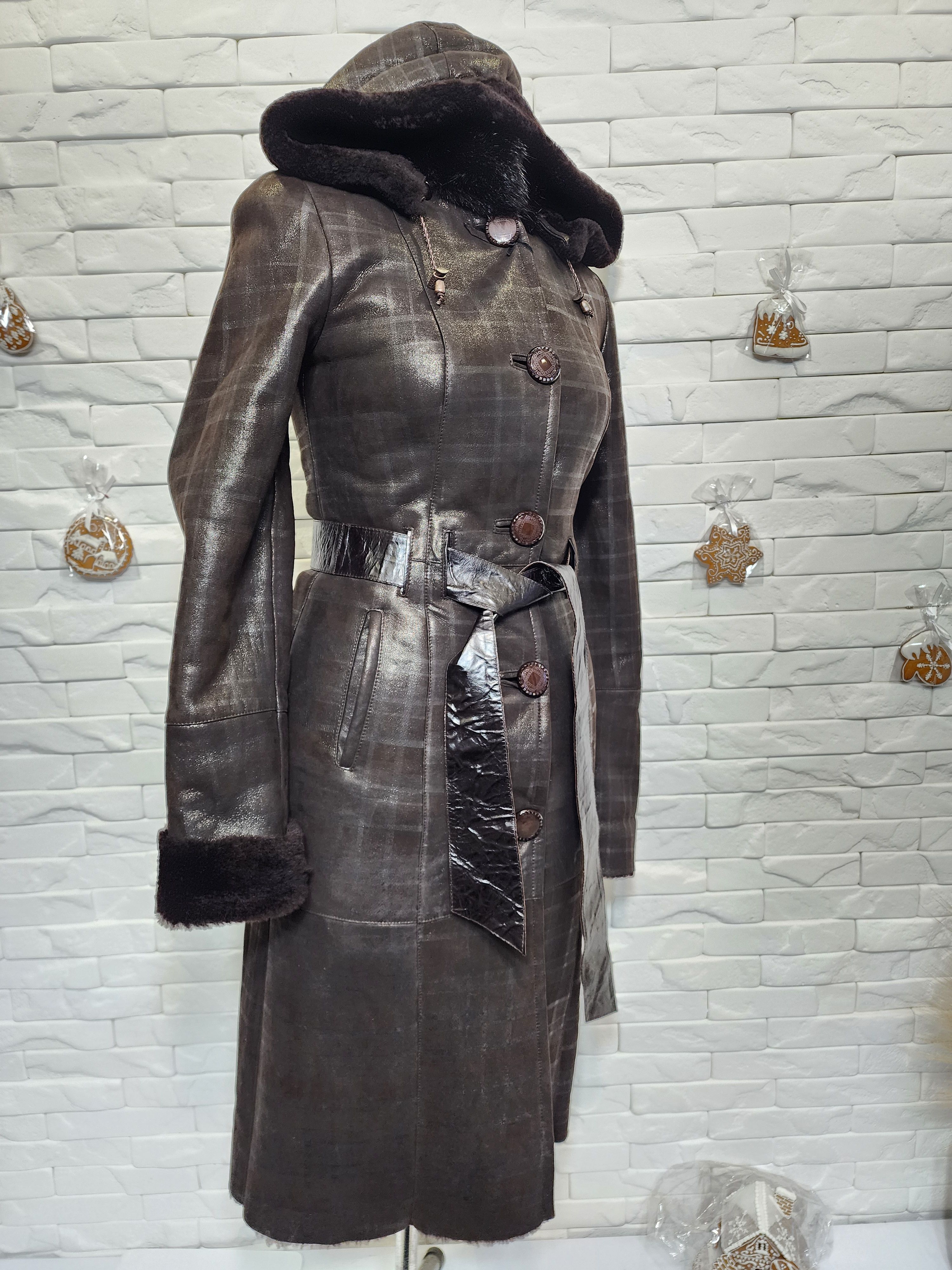 Furla Brown Sheepskin Coat with Hood: Belted Winter Outerwear Size S / US 4 / IT 40 - 3 Thumbnail