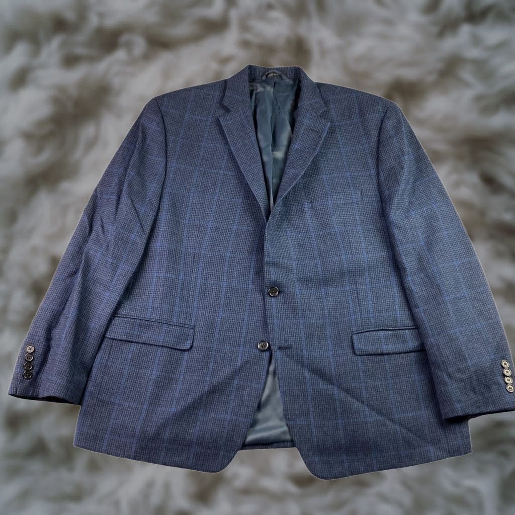 Ralph Lauren VINTAGE? No. Lauren Ralph Lauren LRL Men's Flannel Blazer Windowpane 48 Navy Blue Wool 2-Button Notch Lapel Jacket Mens Regular Pocket Inner 4-Button? Size 48R - 1 Thumbnail
