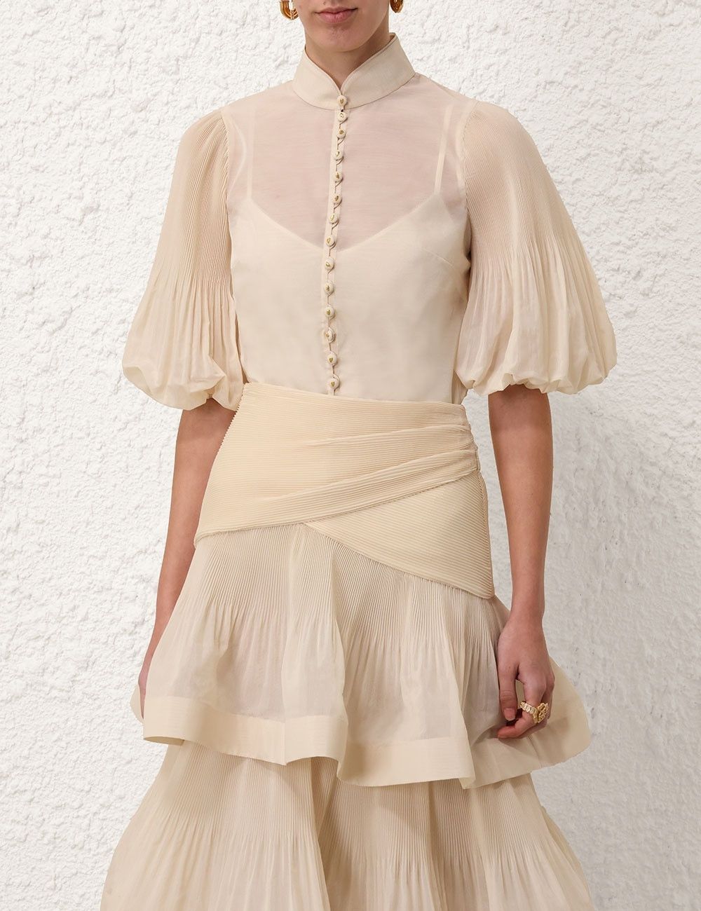 Zimmermann oc11z0825 Pleated Buttoned Blouse in Cream Size M / US 6-8 / IT 42-44 - 2 Thumbnail