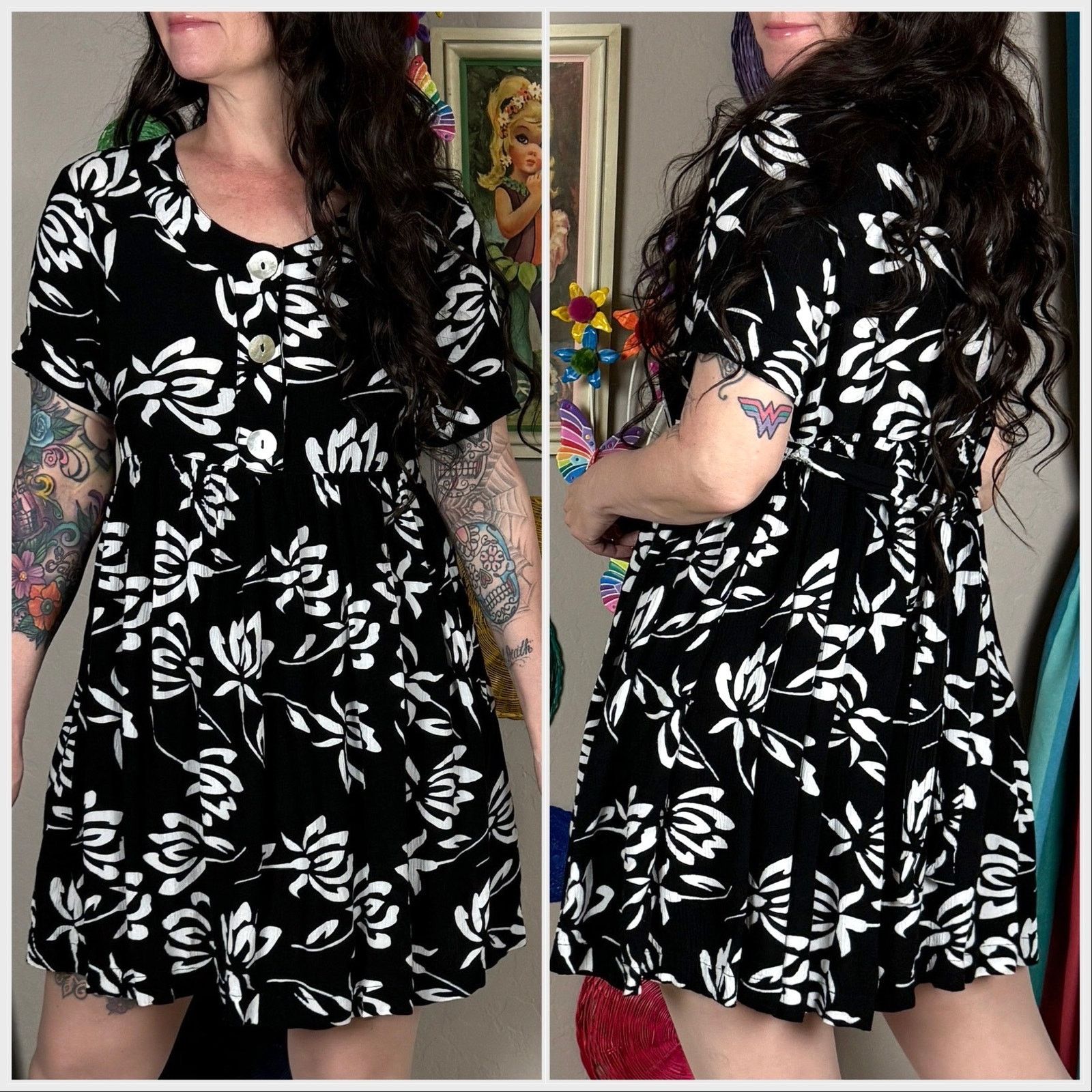Vintage Vintage 1990s Black and White Floral Babydoll Minidress Size M / US 6-8 / IT 42-44 - 3 Thumbnail