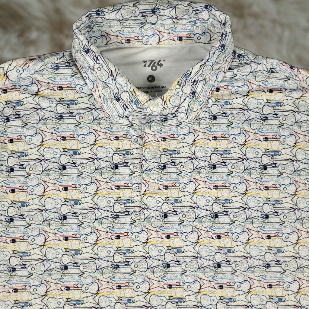 Vintage 1764 Polo Shirt Mens XL Blue Guitar Print Casual Short Sleeve Golf Shirt Polo Shirt Mens XL Blue Guitar Print Size US L / EU 52-54 / 3 - 1 Thumbnail