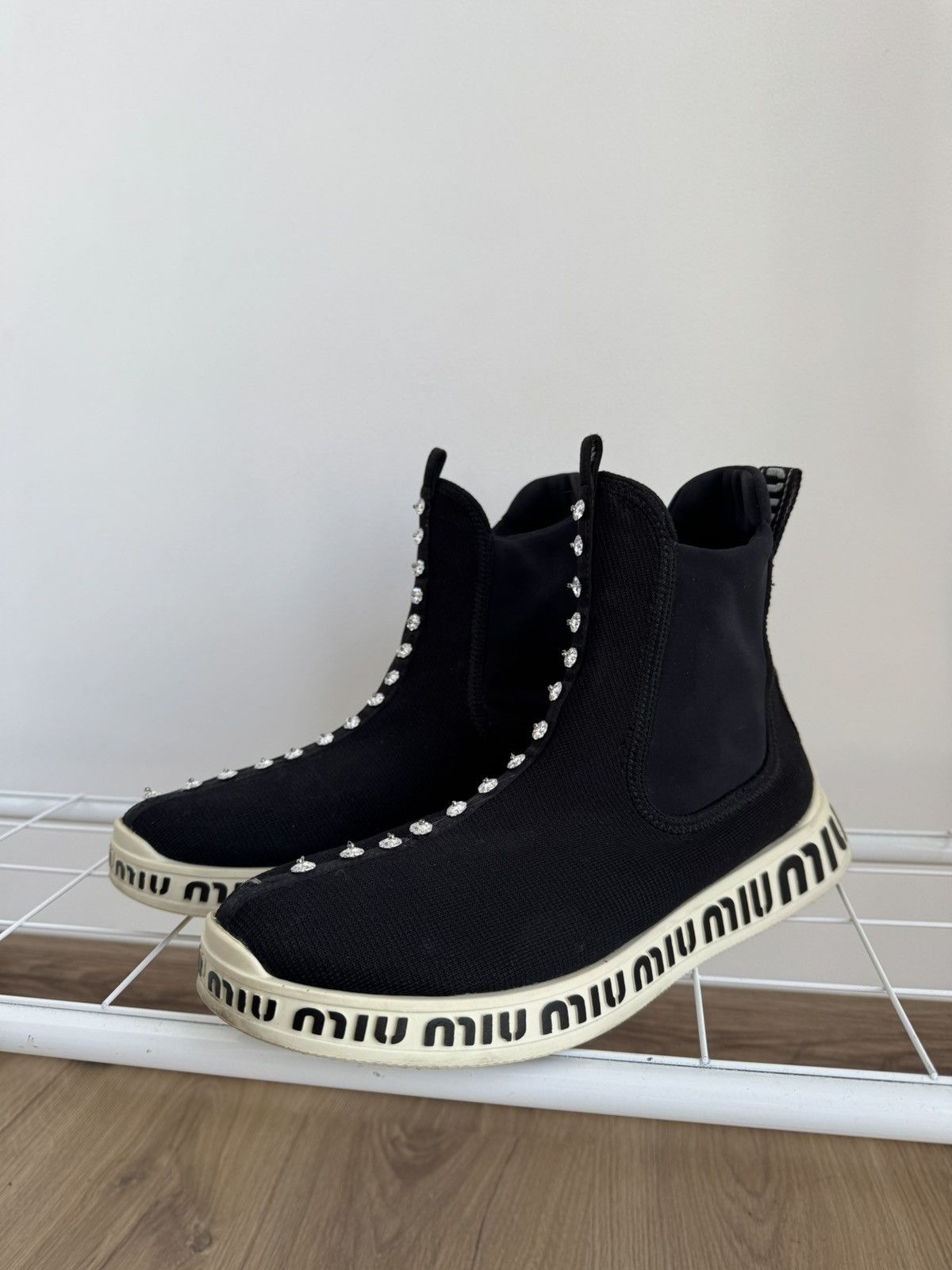Miu Miu Miu Miu High Top Shocks Knit Fabric Black Sneakers Shoes Size US 9 / IT 39 - 2 Thumbnail