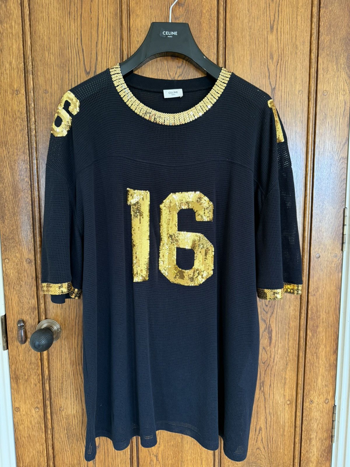 Celine $1.74k SS23 Celine 16 black gold sequin logo jersey t shirt Size US S / EU 44-46 / 1 - 1 Thumbnail