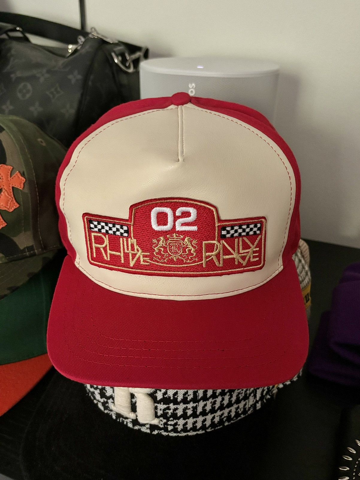 image of Leather - Rhude “Race Prix” Hat in Red, Men's
