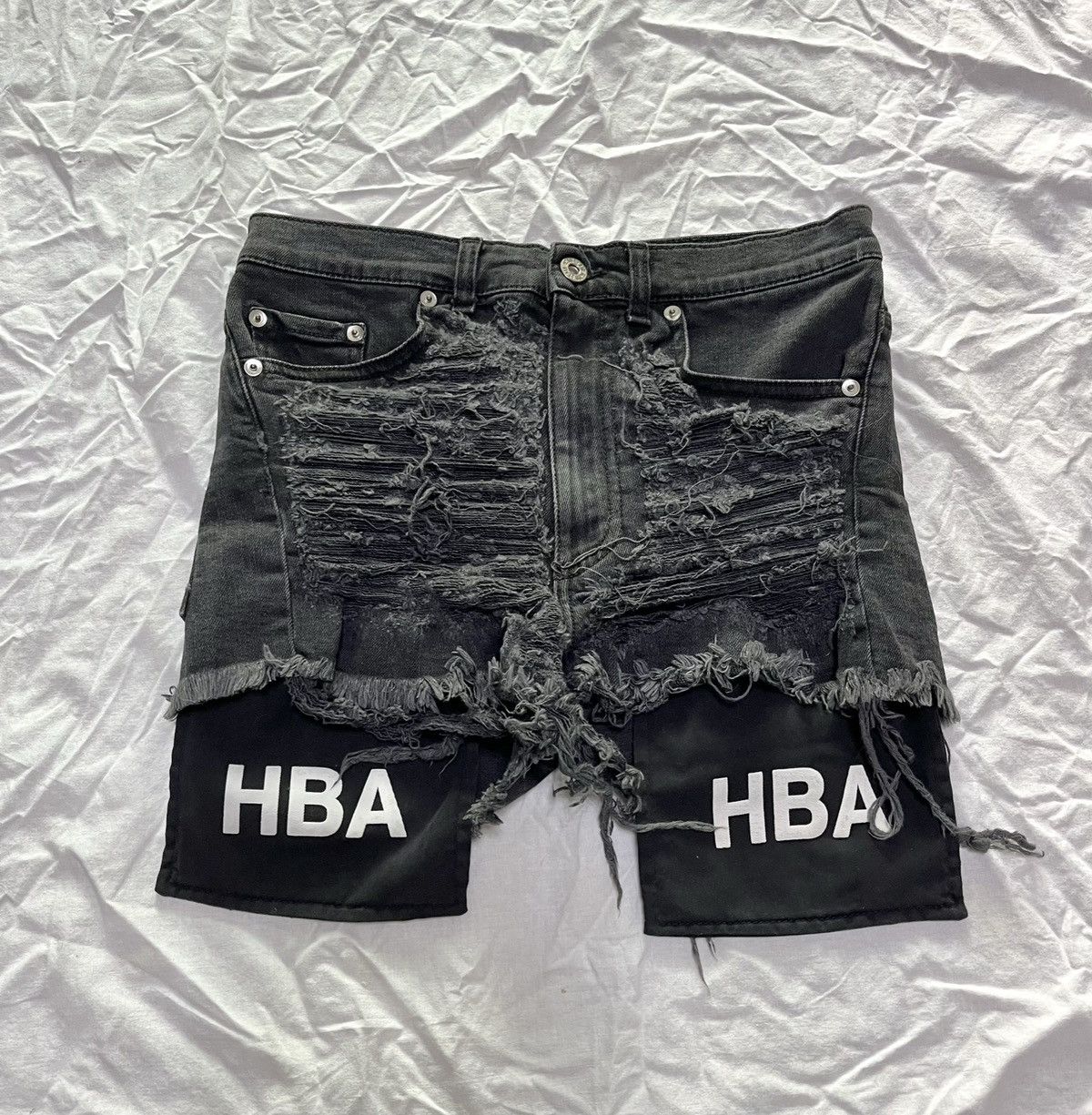 image of Hood By Air HBA Destroyed Denim Shorts in Black, Men's (Size 26)