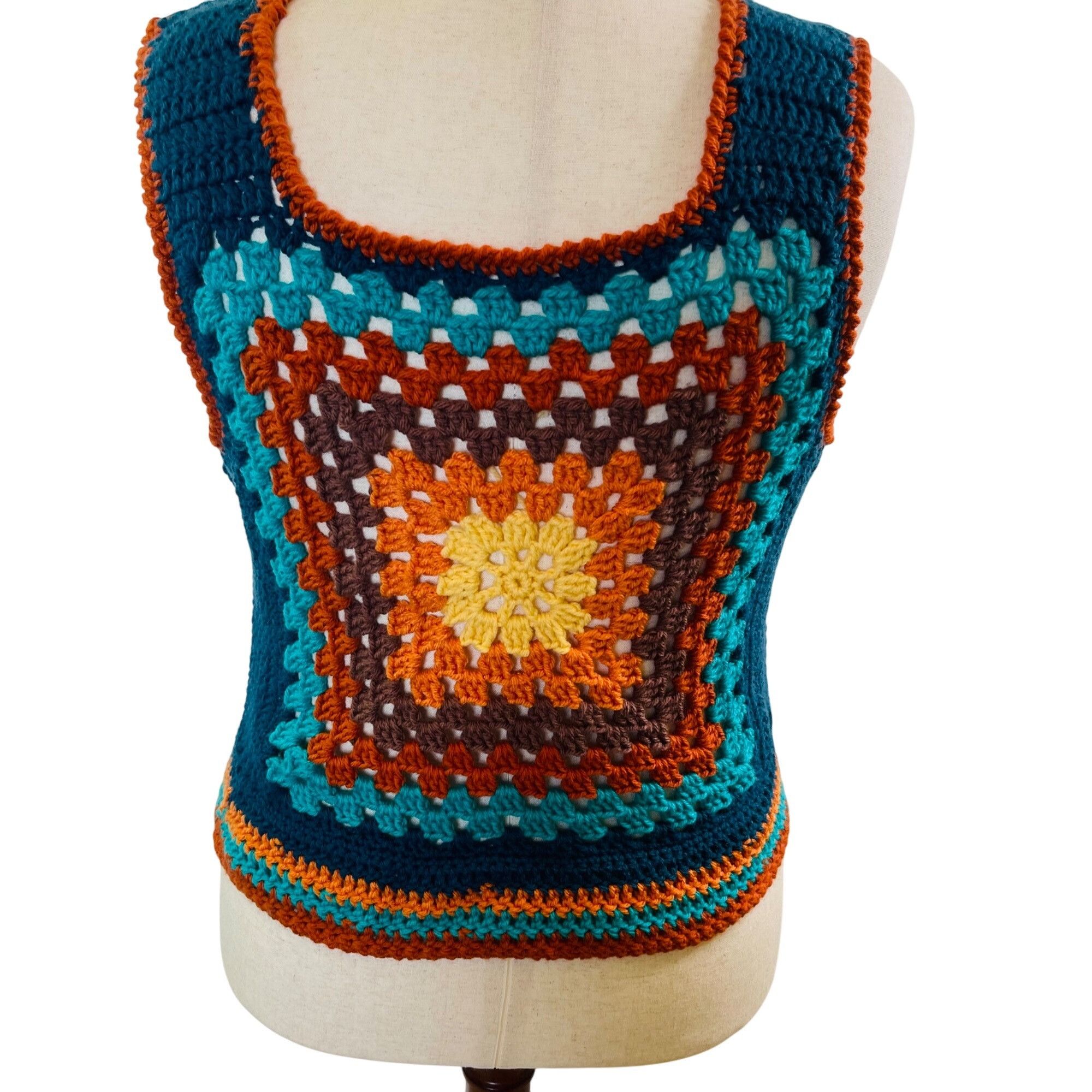 Handmade Crochet Vest Tank Top Retro 70's Hippie Granny Square Rib Ti Size ONE SIZE - 1 Thumbnail