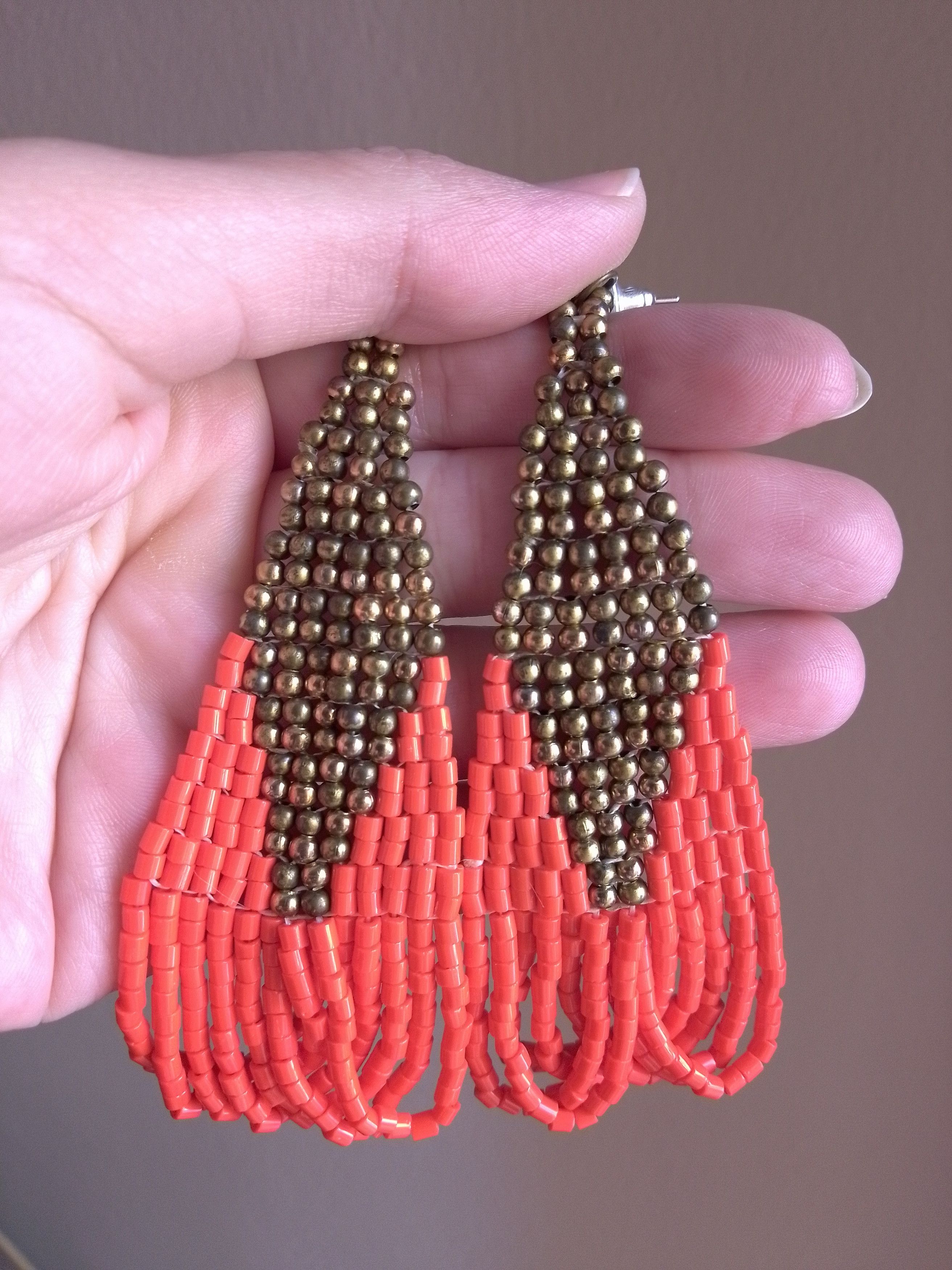 Handmade Earrings Antique Brass Red Glass Long Embroidered Elegant Size ONE SIZE - 3 Thumbnail