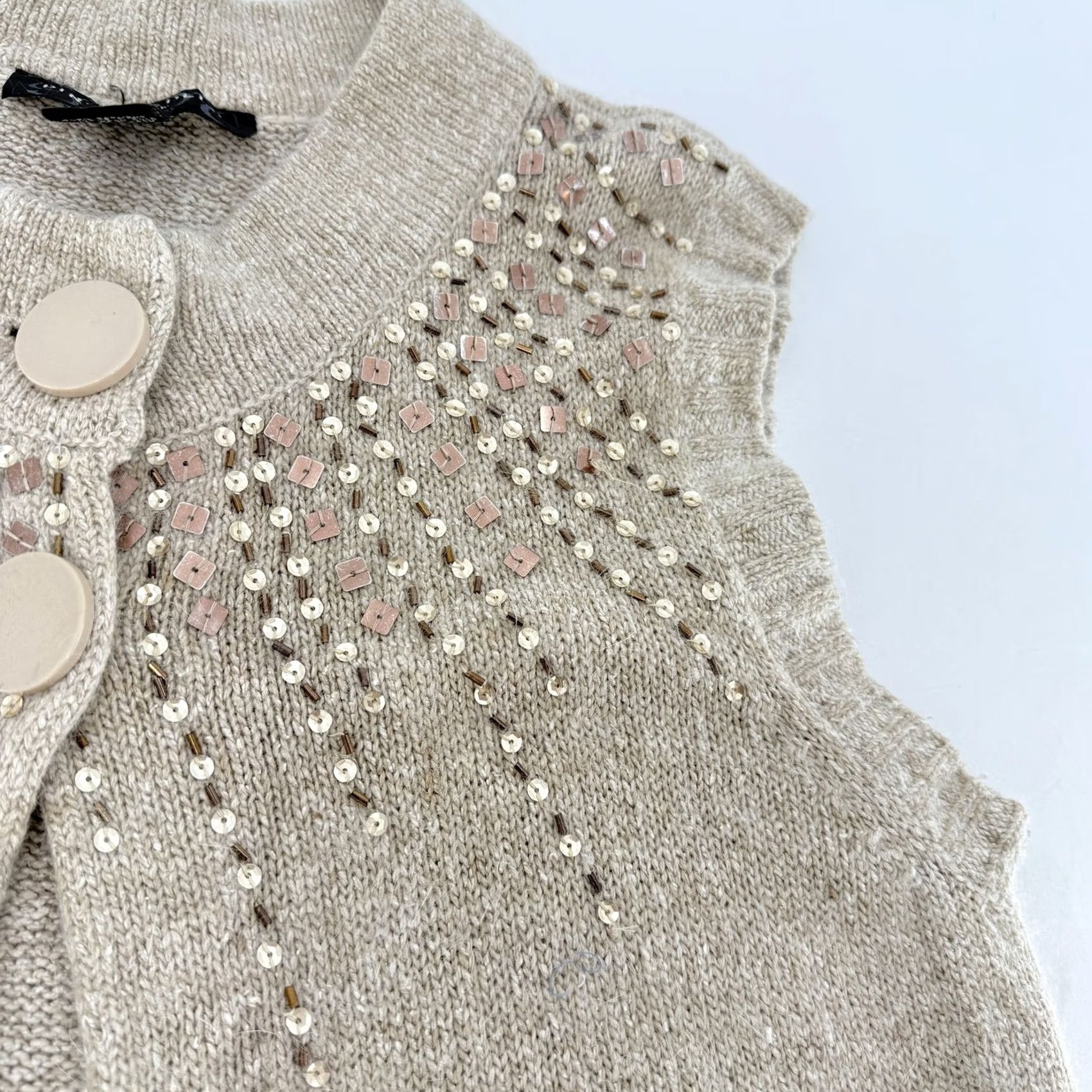 Vintage Pine Needles Beaded Sweater Vest - Womens Medium Beige Silk Knit Size M / US 6-8 / IT 42-44 - 7 Thumbnail