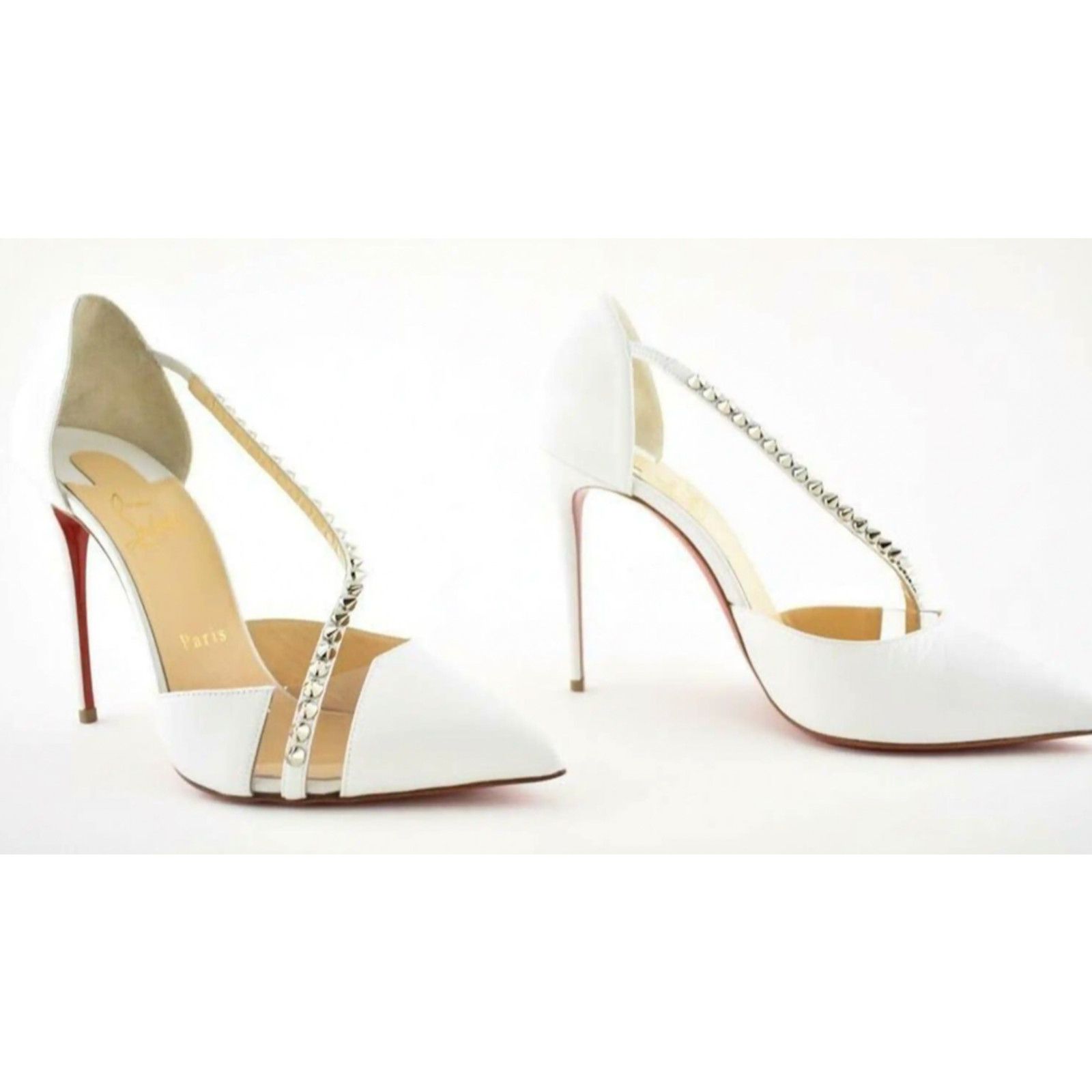 Christian Louboutin Spike Cross 100 White PVC Silver Criss Strap Heel Pump 42 Size US 12 / IT 42 - 4 Thumbnail