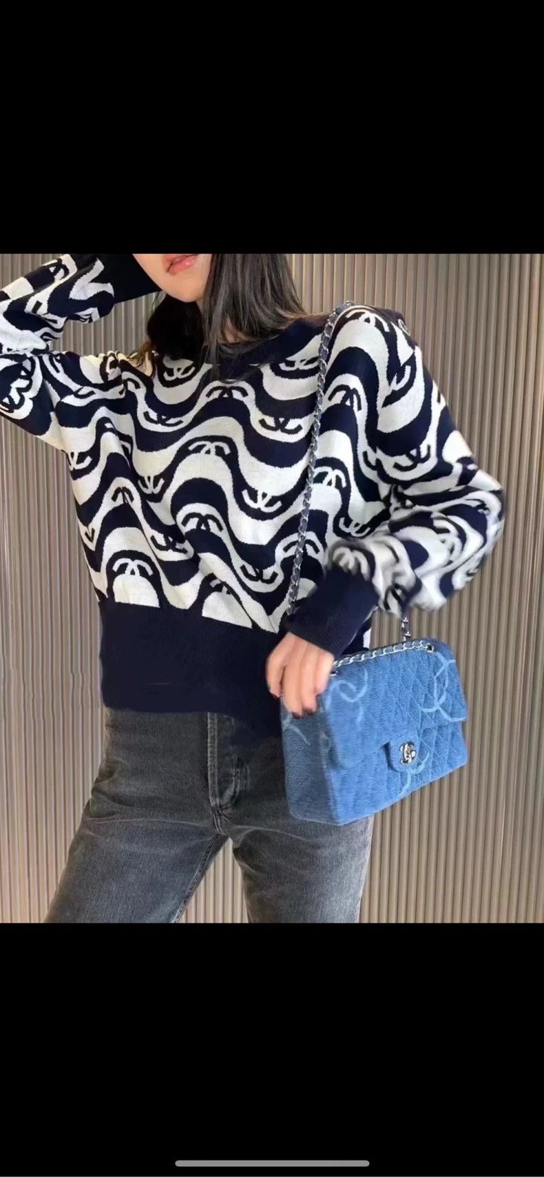 Chanel Chanel Blue and white full logo wavy long-sleeved cashmere Size XS / US 0-2 / IT 36-38 - 7 Thumbnail
