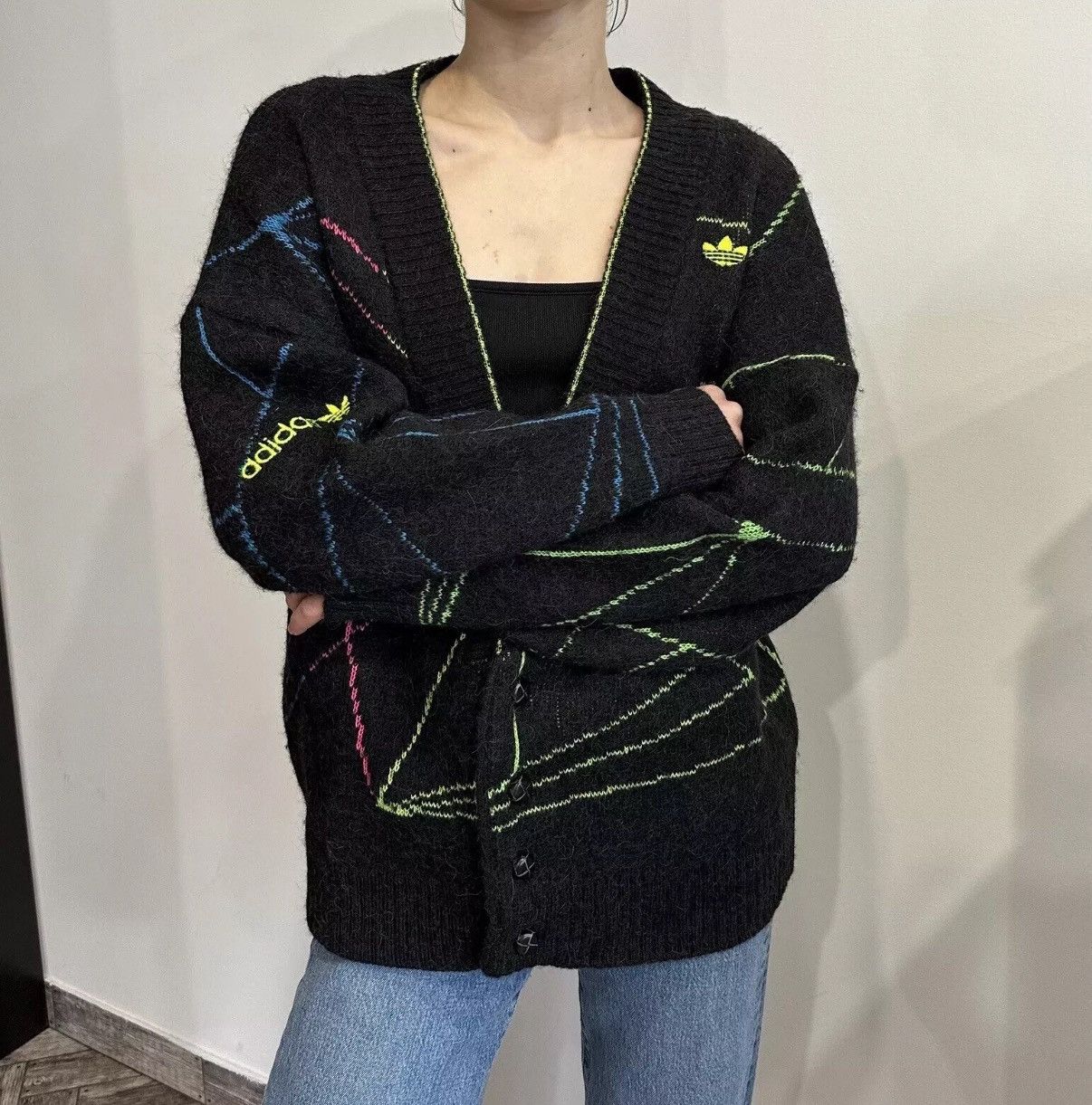 VINTAGE 1980s ADIDAS WOOL cardigan sweater Abstract Rare