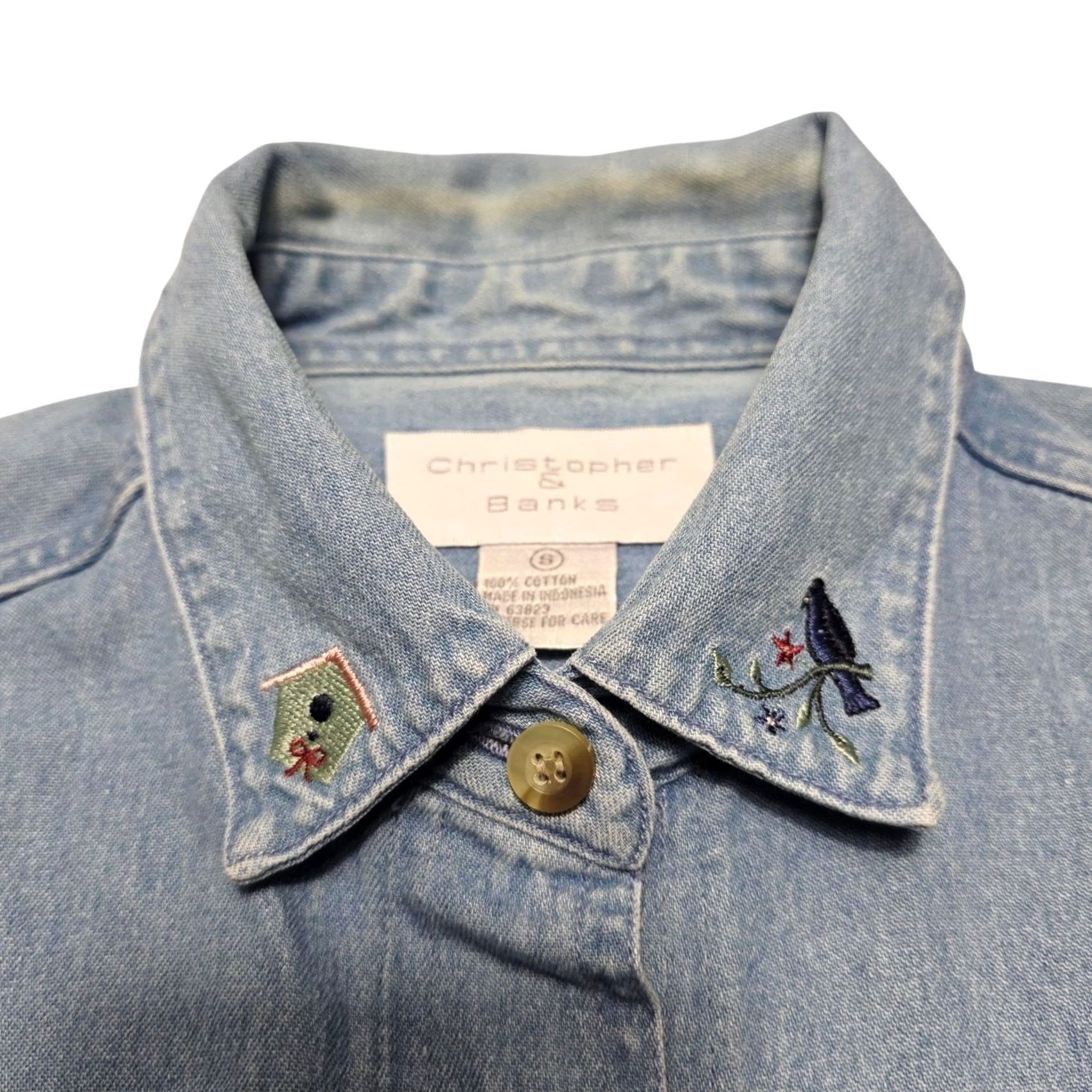 Vintage VINTAGE Christopher & Banks Denim Jean Shirt Womens Size S 3/4 Sleeve Floral Birdbirds Birdhouse Embroidery Blue Women Size S / US 4 / IT 40 - 6 Thumbnail