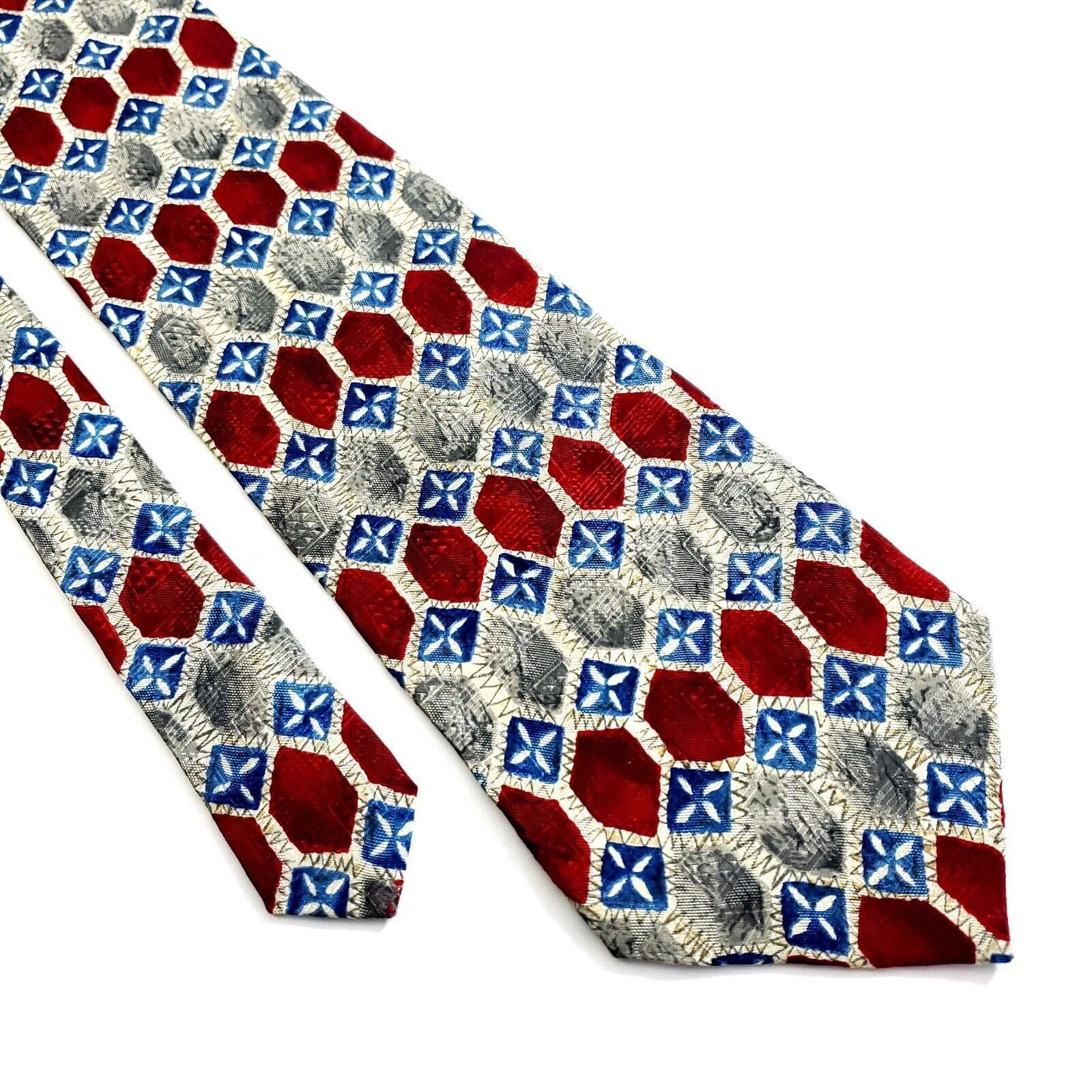 Designer Preswick & Moore Tan Red Blue Geometric Print Wide Silk Tie Size ONE SIZE - 1 Thumbnail