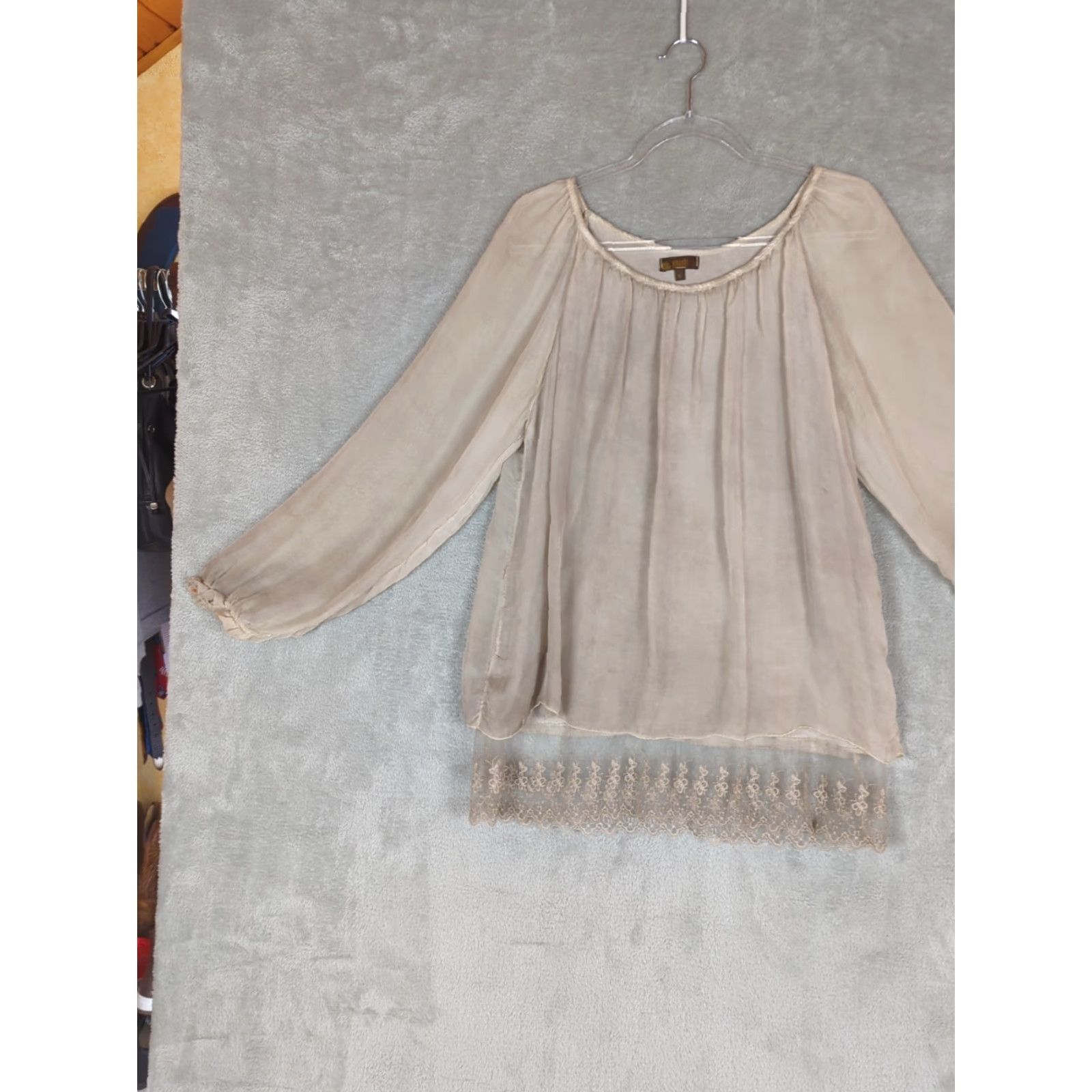 Vintage Amanti Blouse Shirt Women S Beige Silk Lace Sheer Tunic Puff Sleeve Bohemian 90s? Size S / US 4 / IT 40 - 2 Thumbnail