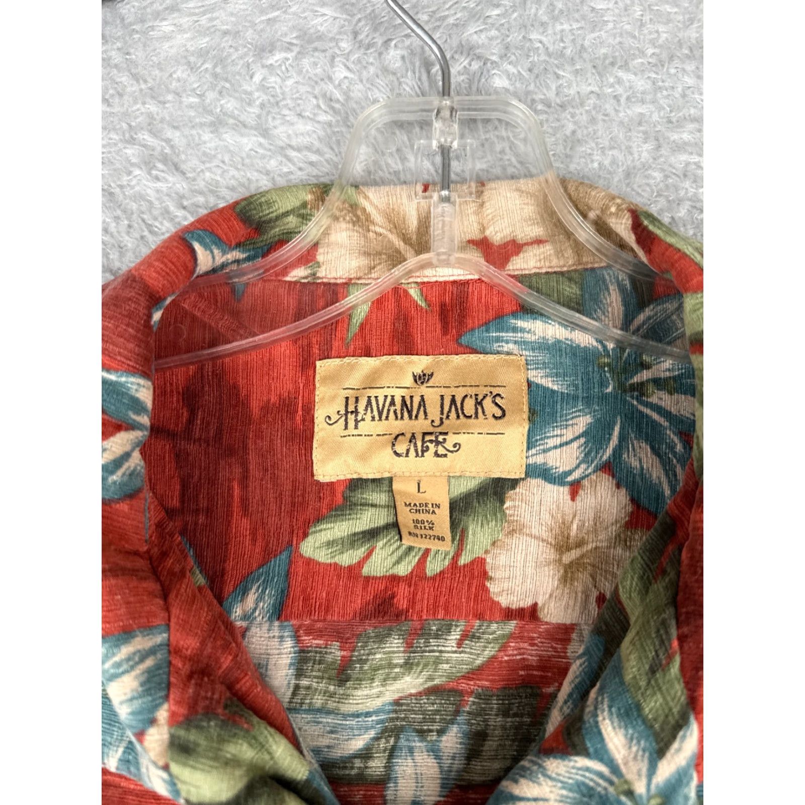 Vintage Havana Jack's Cafe Shirt Men Large Red Floral Hibiscus 100% Silk Hawaiian Beach Size US L / EU 52-54 / 3 - 7 Thumbnail