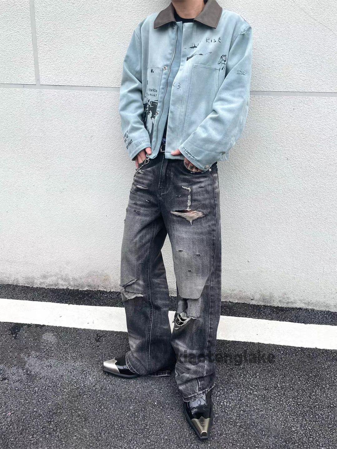 Jean Unisex washed faded loose baggy ripped damaged pants Size US 28 / EU 44 - 6 Thumbnail