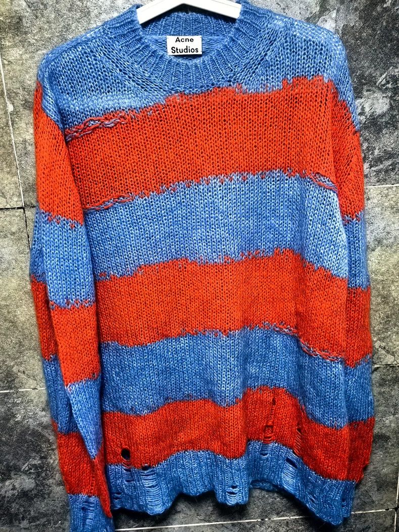 Acne Studios Acne Studios A red and blue color-blocked distressed sweat Size US XXS / EU 40 - 2 Thumbnail