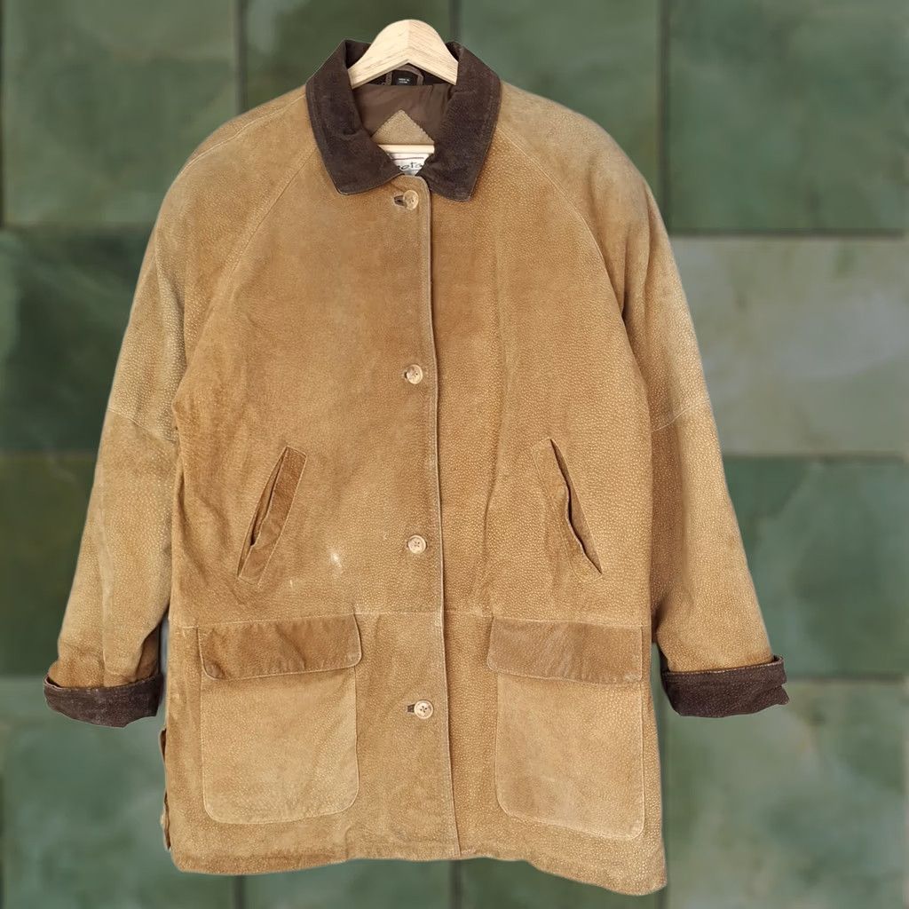 Talbots VINTAGE Talbots Coat Suede Leather Overcoat Women Medium Brown Corduroy Collar Pockets Button Front Size M / US 6-8 / IT 42-44 - 1 Thumbnail