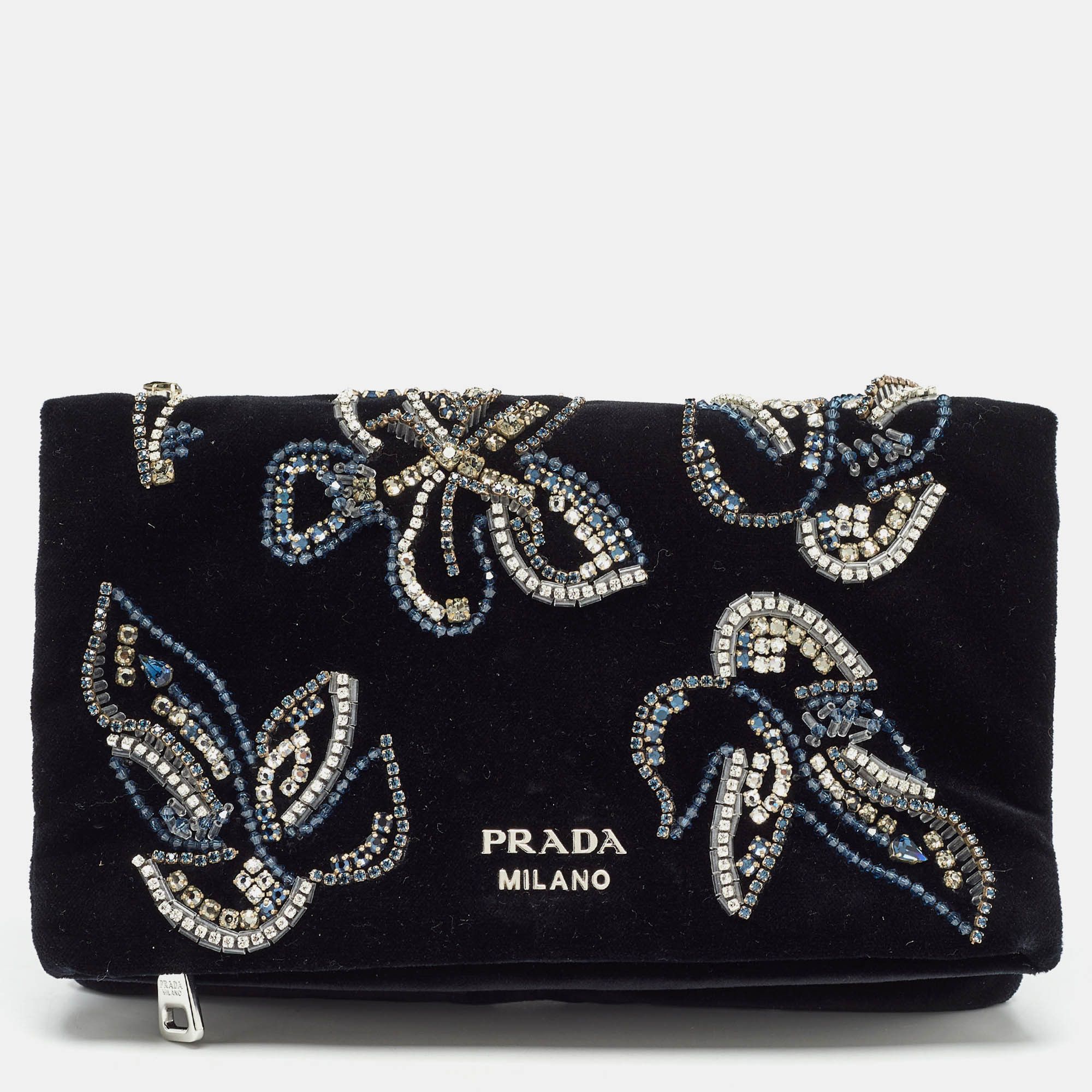 image of Prada Black Velvet Crystals Embellished Fold Over Clutch, Women's