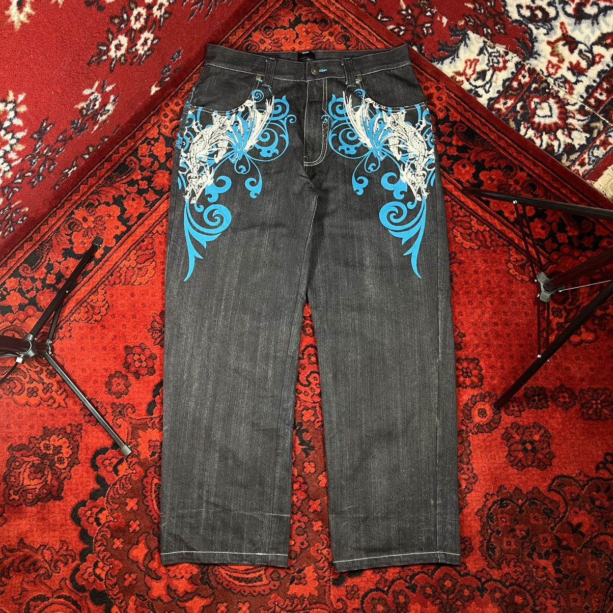 Other Raw Blue Jeans Y2K Turquoise Blue Baroque Skull Wing Graphic Size US 36 / EU 52 - 2 Thumbnail