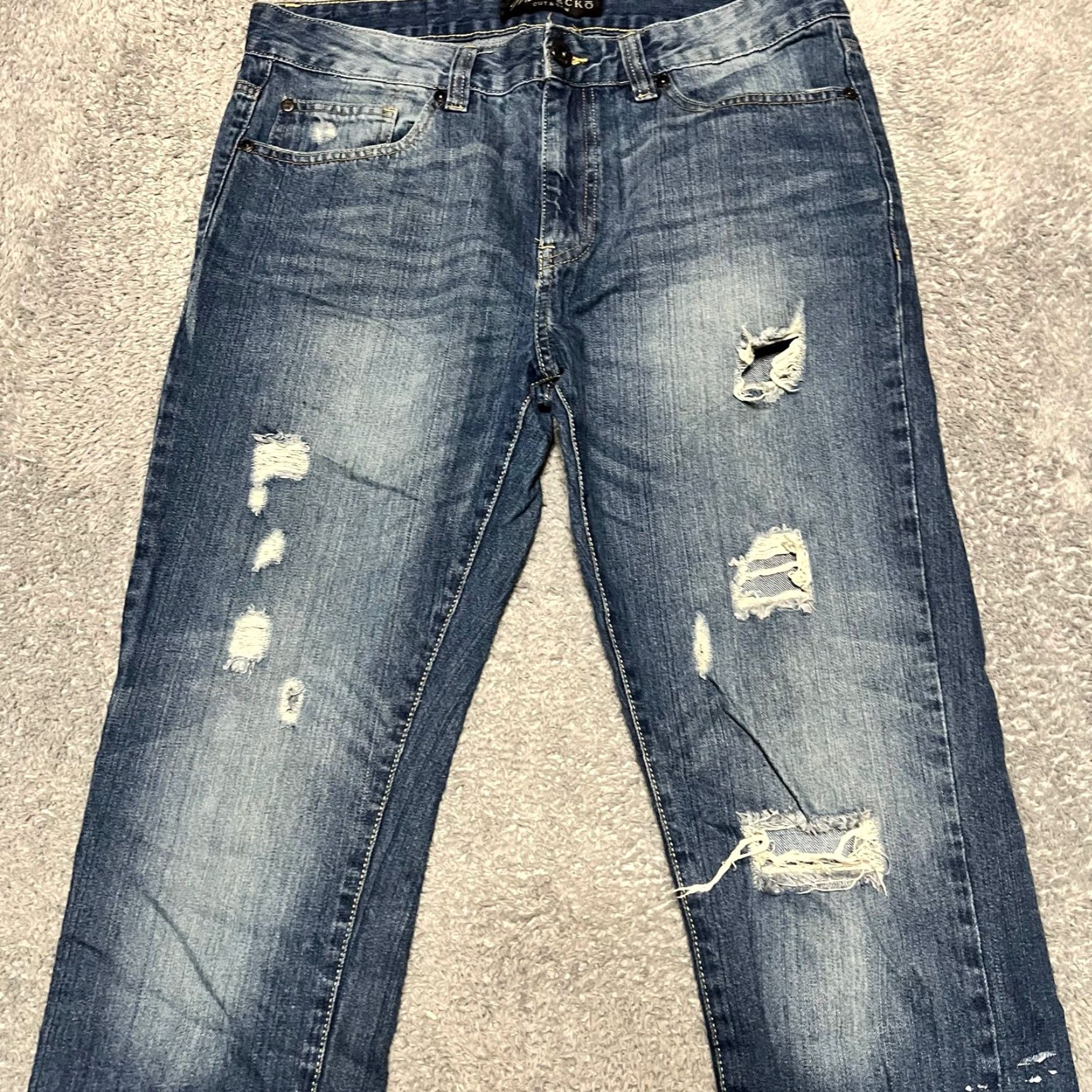 Denime Marc Ecko Cut & Sew Denim Jeans Mens 32 x 32 Slim Tapered Distressed Whiskering Blue 32 Mens Straight Jeans Size US 32 / EU 48 - 3 Thumbnail