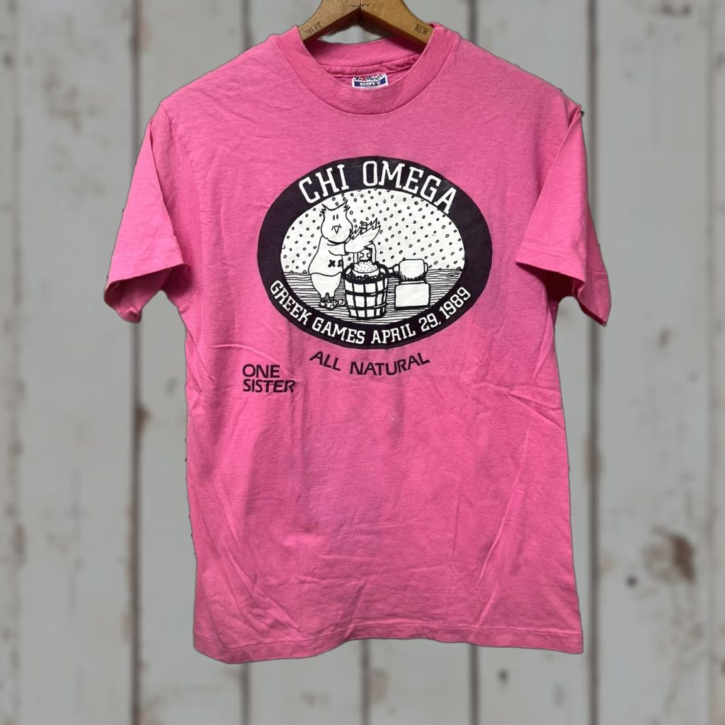 Hanes VINTAGE 80s Chi Omega Classic Delaware T Shirt Adult XL Pink Mens Single Stitch Hanes Cotton Graphic Tee Sportswear/Beach 1980s Mens Size US XL / EU 56 / 4 - 1 Thumbnail