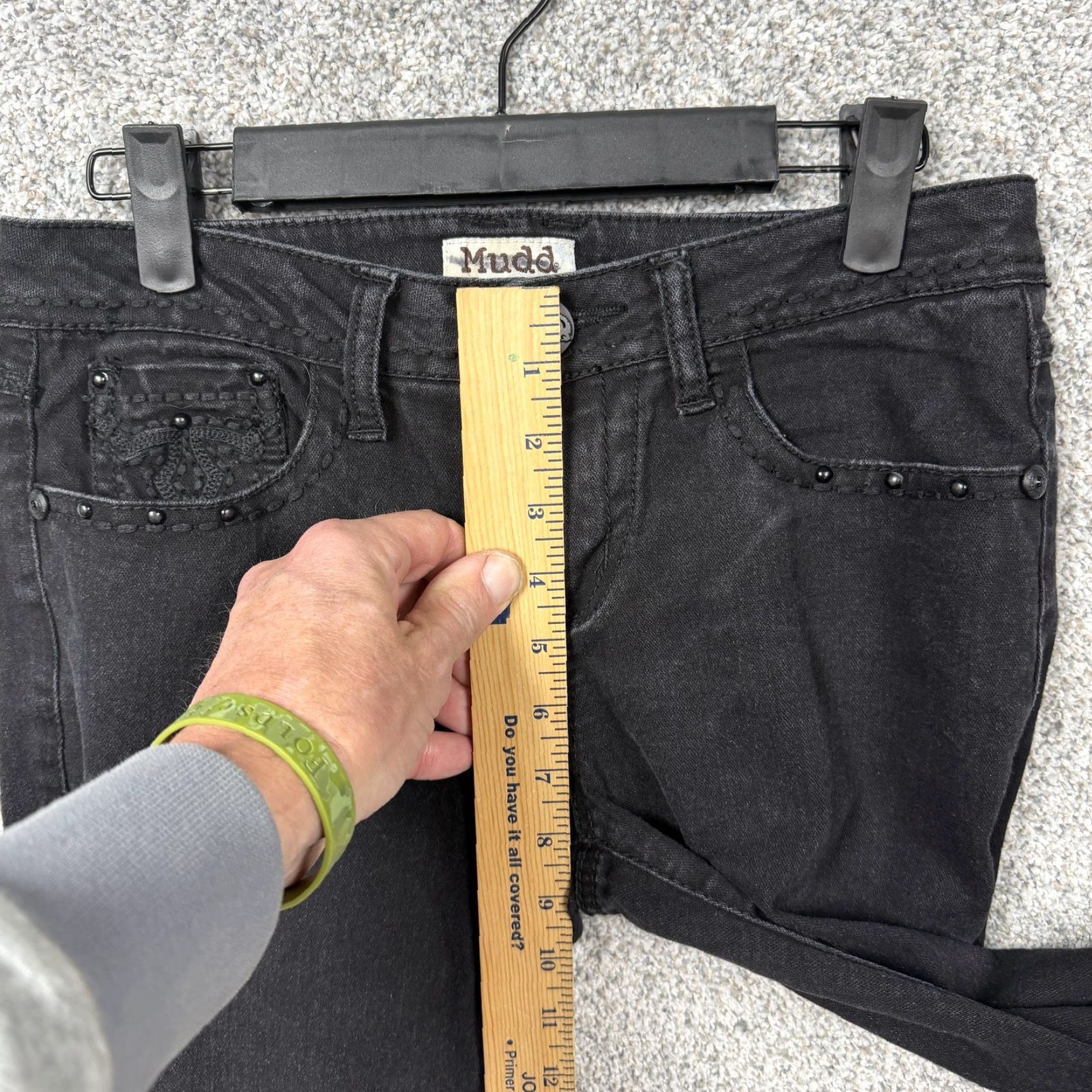 Denime Mudd Jeans Juniors 5 Black Straight Low Rise Stretch Embroidered Studded Denim Size 27" / US 4 / IT 40 - 6 Thumbnail