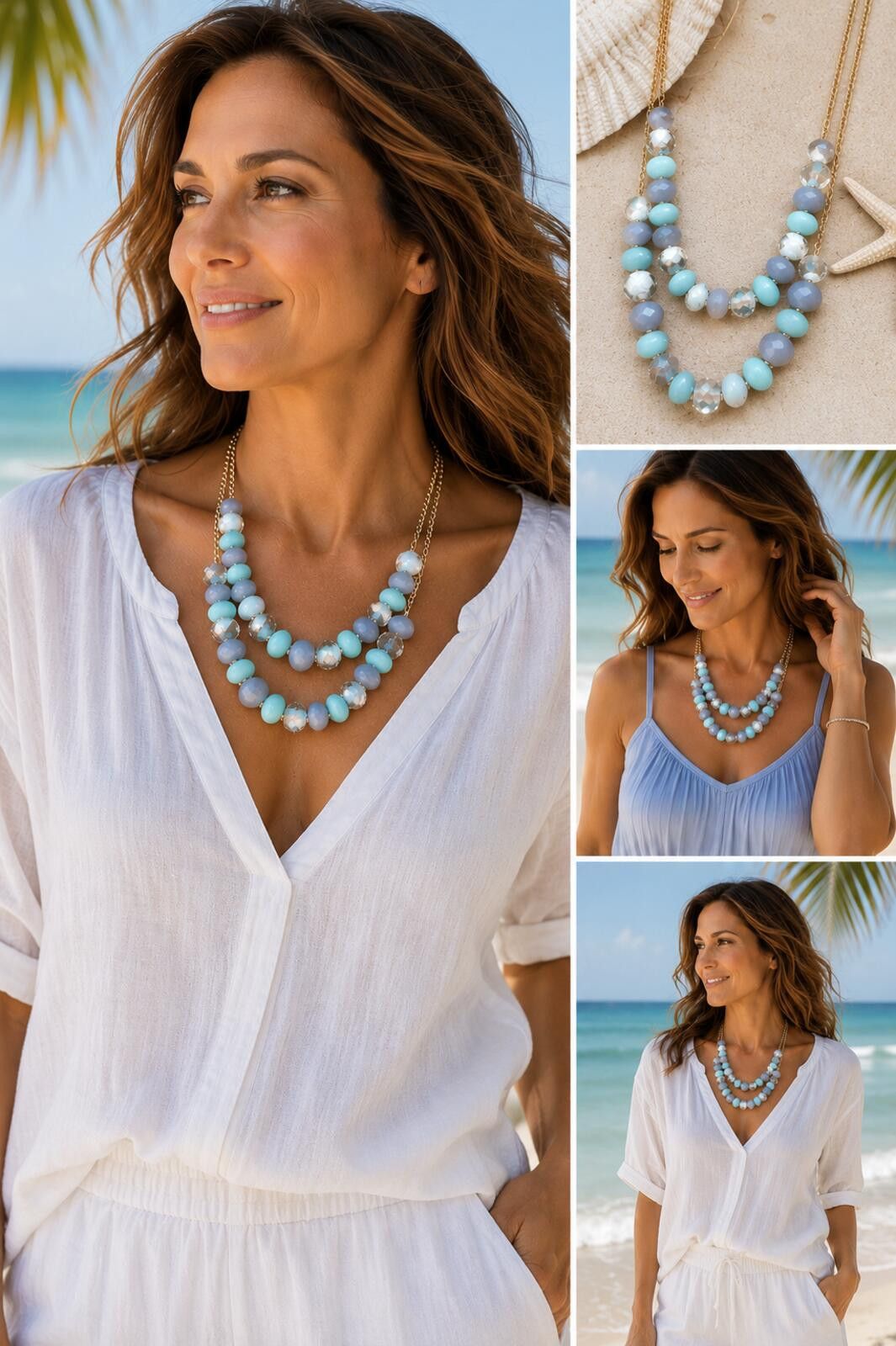 Other LOFT Beaded Necklace Aqua Gray Gold Chain Size ONE SIZE - 1 Thumbnail