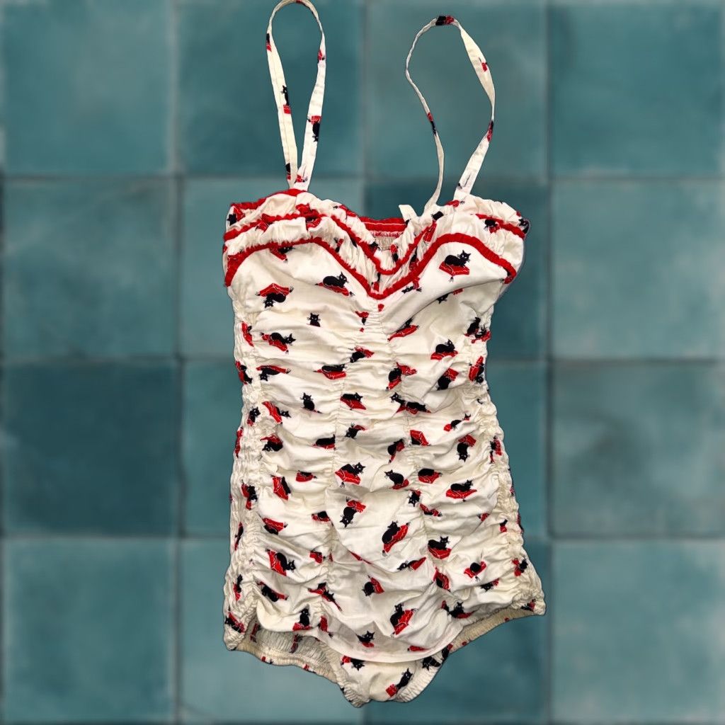 Catalina VTG Catalina Swimsuit S White 1950s Hollywood Swim Wear Black Cats Rockabilly Size S / US 4 / IT 40 - 1 Thumbnail