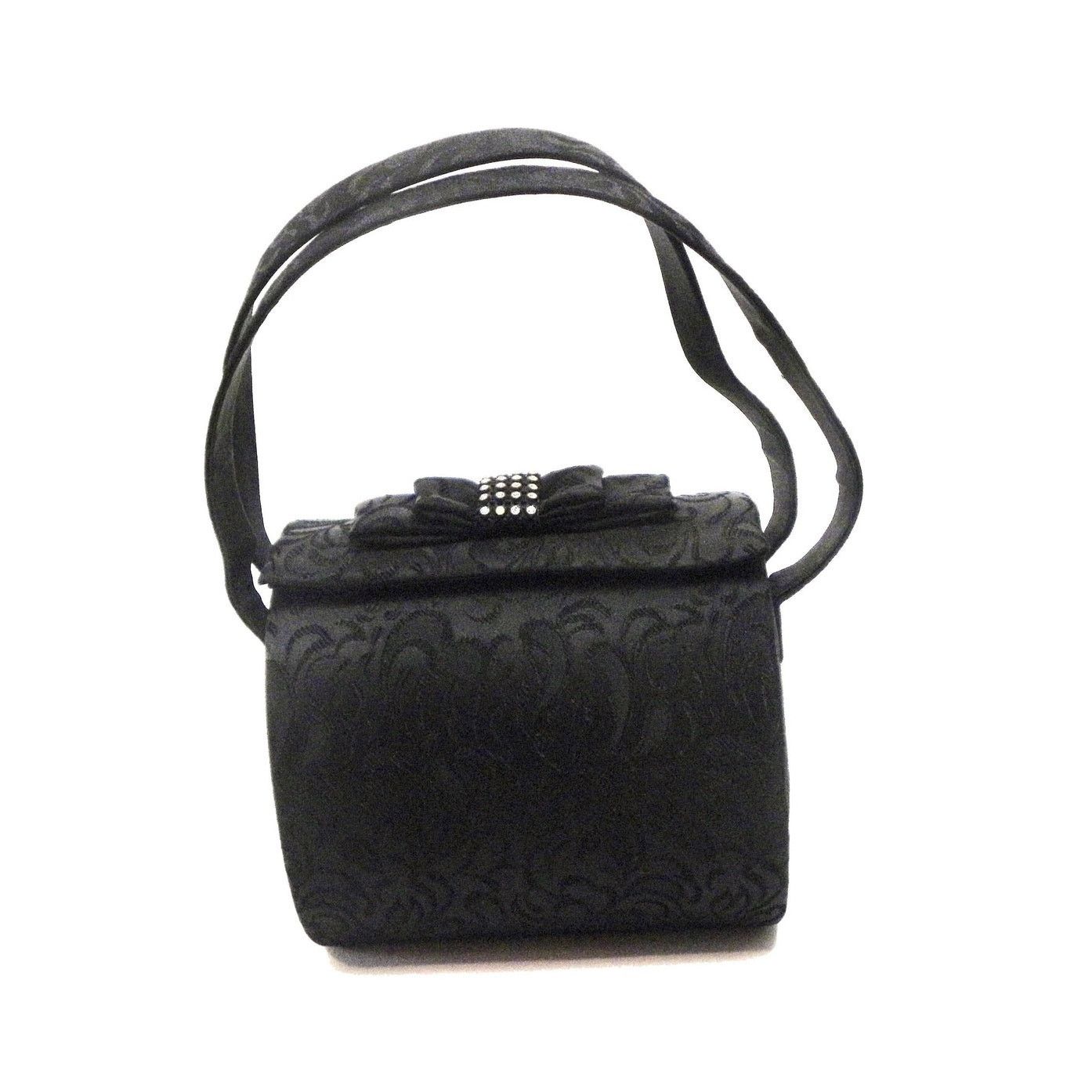 Avant Garde x Bag 90's Black Silk Barrel Box Purse With Rhinestones & Bow, Women's