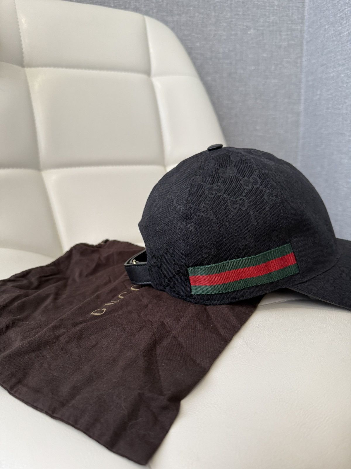 Gucci Gucci GG Black Monogram Baseball Cap with Web Stripe Hat Size ONE SIZE - 9 Thumbnail